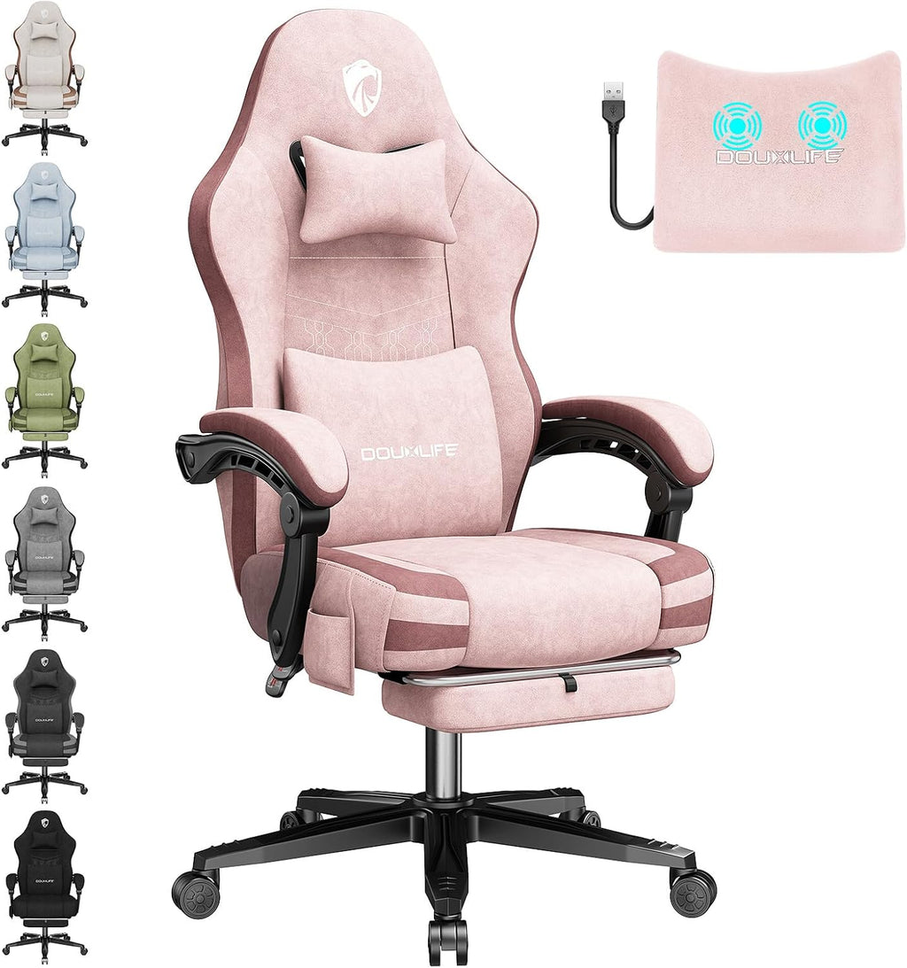 Gaming Chair, Fabric Computer Office Chair with Massage, Ergonomic Chair with Footrest Lumbar Support, Pocket Spring Widened Cushion Metal Legs 350LBS Pink