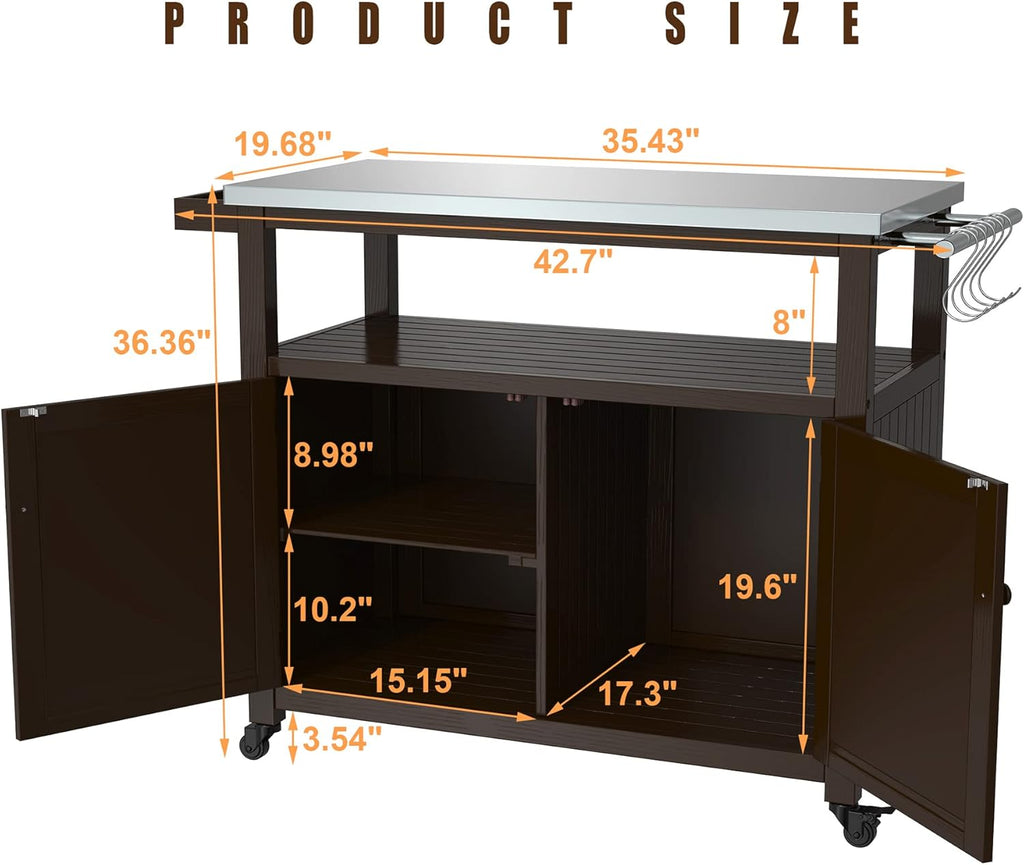 GDLF Outdoor Storage Cabinet Solid Wood Prep Grill Table with Stainless Steel Top Waterproof Cover Dark Brown
