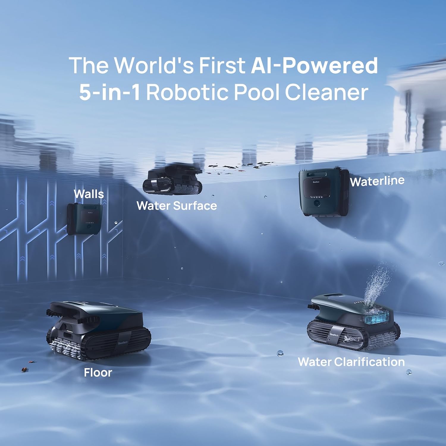Beatbot AquaSense 2 Ultra Cordless Robotic Pool Cleaner for Complex Pools, Mapping with AI Camera, 5-in-1 Cleaning, Smart Surface Parking, Skimmer with APP Control, Water Clarification – Abyssal Blue