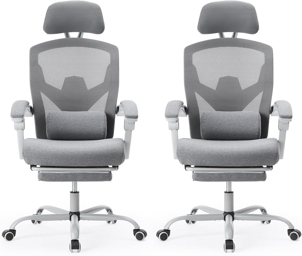 Sweetcrispy Office Computer Desk Chair Set of 2, Ergonomic High-Back Mesh Rolling Work Swivel Chairs with Wheels, Comfortable Lumbar Support, Comfy Arms for Home, Bedroom, Study, Student, Light Grey