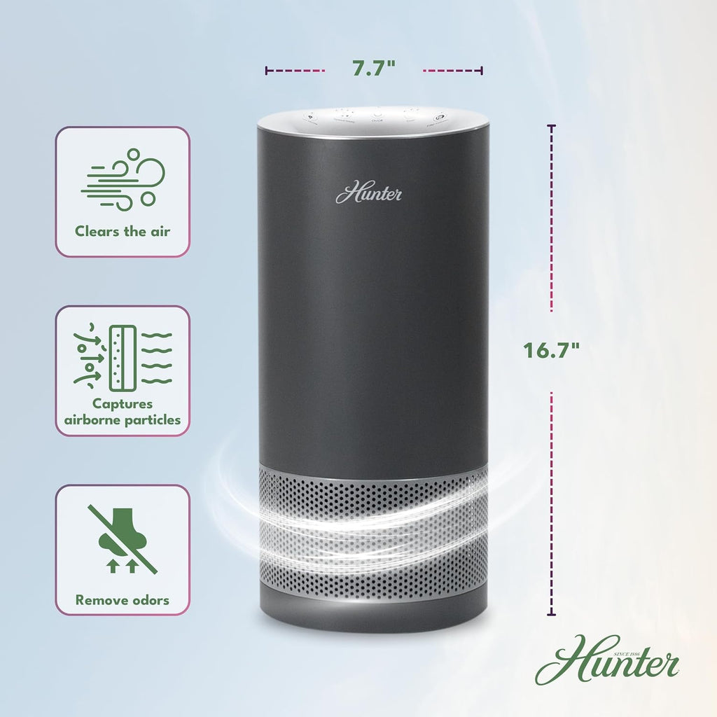 Hunter Fan Company HP400 Round Tower Air Purifier for Small Rooms, Featuring True HEPA Filtration and EcoSilver® Pre-Filter for Allergy and Asthma Relief, White and Silver