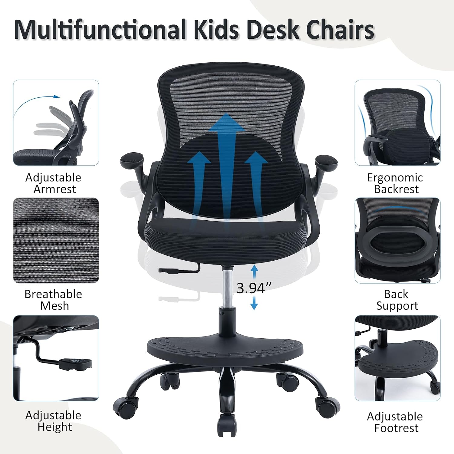 Kids Desk Chair,Ergonomic Study Chair with Adjustable Height,Swivel Mesh Desk Chair with Wheels,Home Office Chair for Children in Home Bedroom Black
