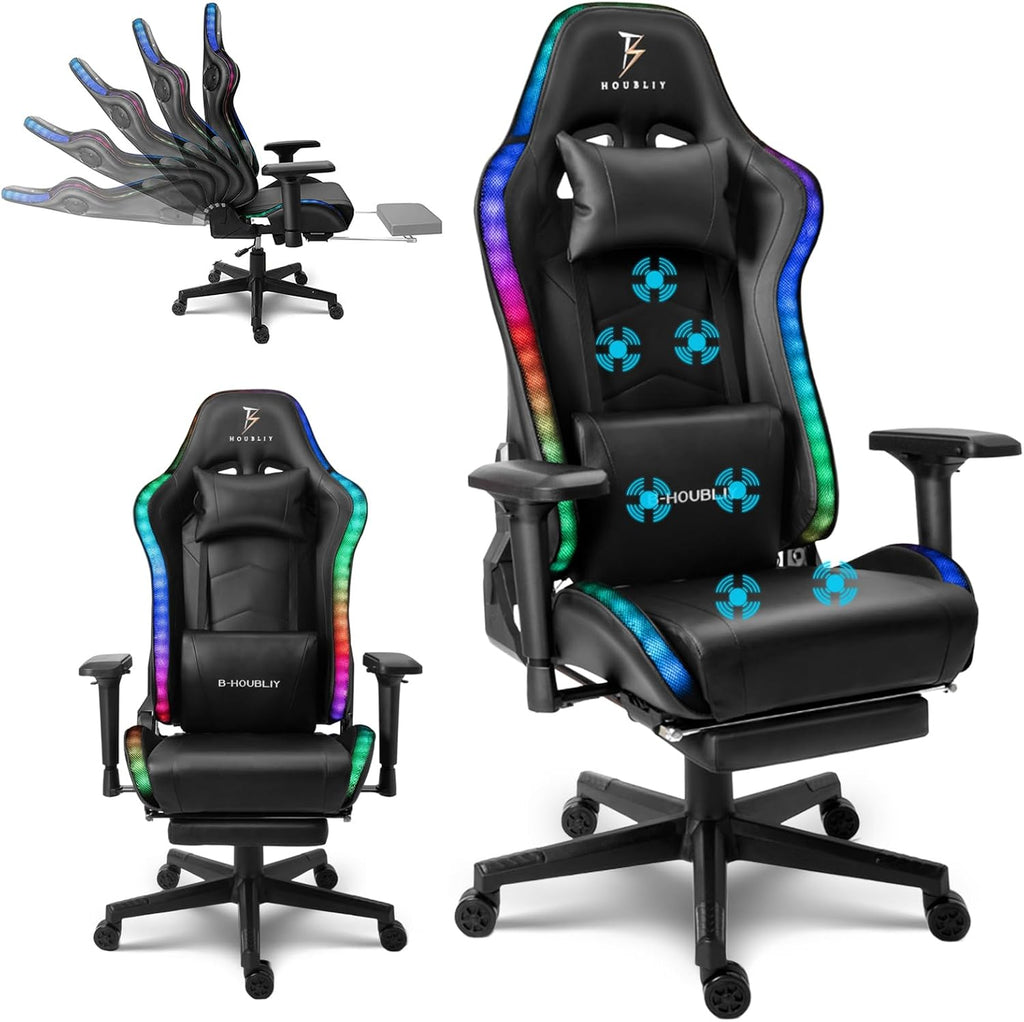 RGB Gaming Chair with Massage and Footrest Large Ergonomic Computer Desk Chair Video Gaming Chair with Speakers and Lumbar Support Height & Angles Adjustable Reclining Gamer Chair (Black Max)