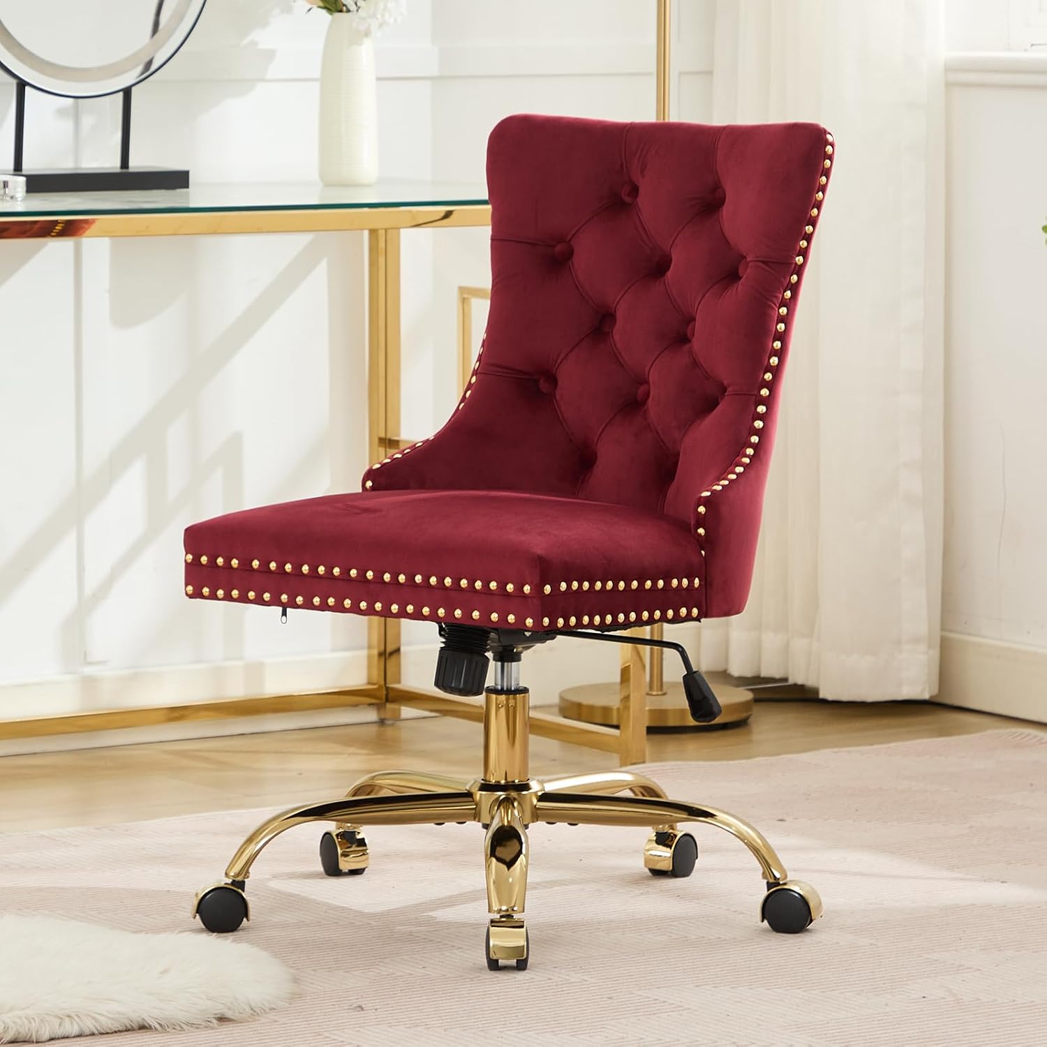 Velvet Home Office Chair with Wheels & Gold Base, Cute Makeup Vanity Chair with Tufted Back for Bedroom, Upholstered Adjustable Swivel Comfy Desk Chair for Girls Women, Burgundy