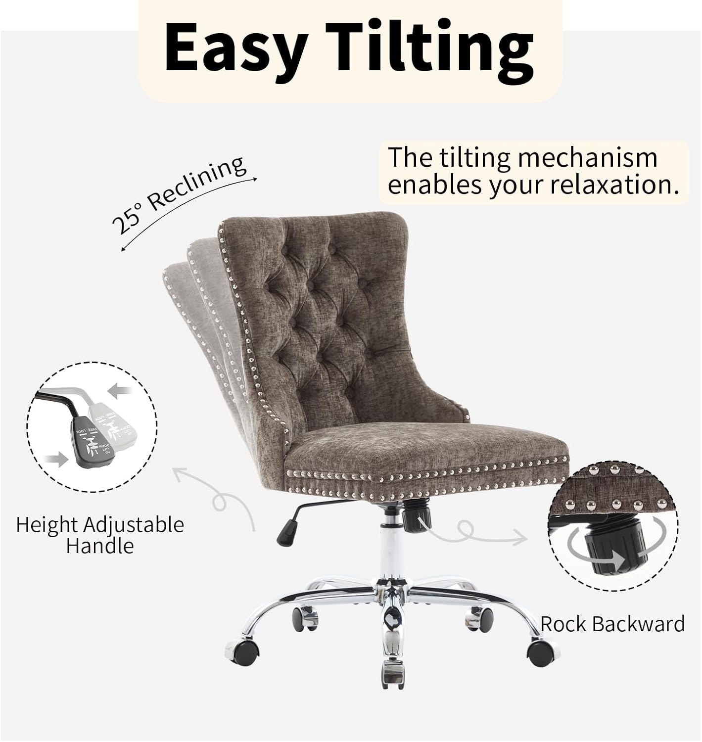 Home Office Chair with Wheels & Silver Base, Cute Chenille Fabric Makeup Vanity Chair with Tufted Back for Bedroom, Upholstered Adjustable Swivel Comfy Desk Chair for Girls Women, Grey