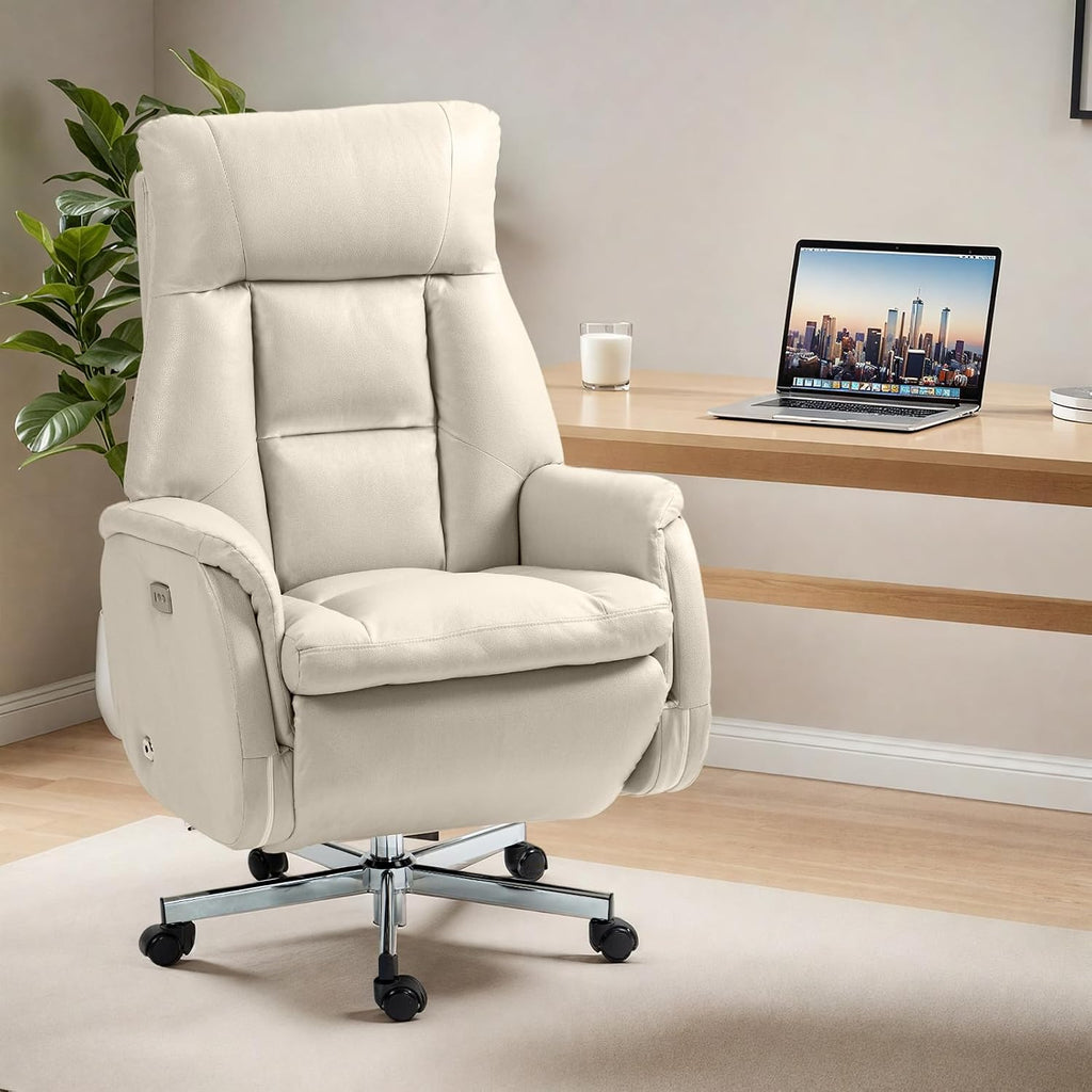 ECOTOUGE Electric Office Chair with USB Charging, Recliner Executive Office Chair with Footrest, Big and Tall High-Back Computer Chair, 400LBS Weight Capacity, Microfiber, Beige