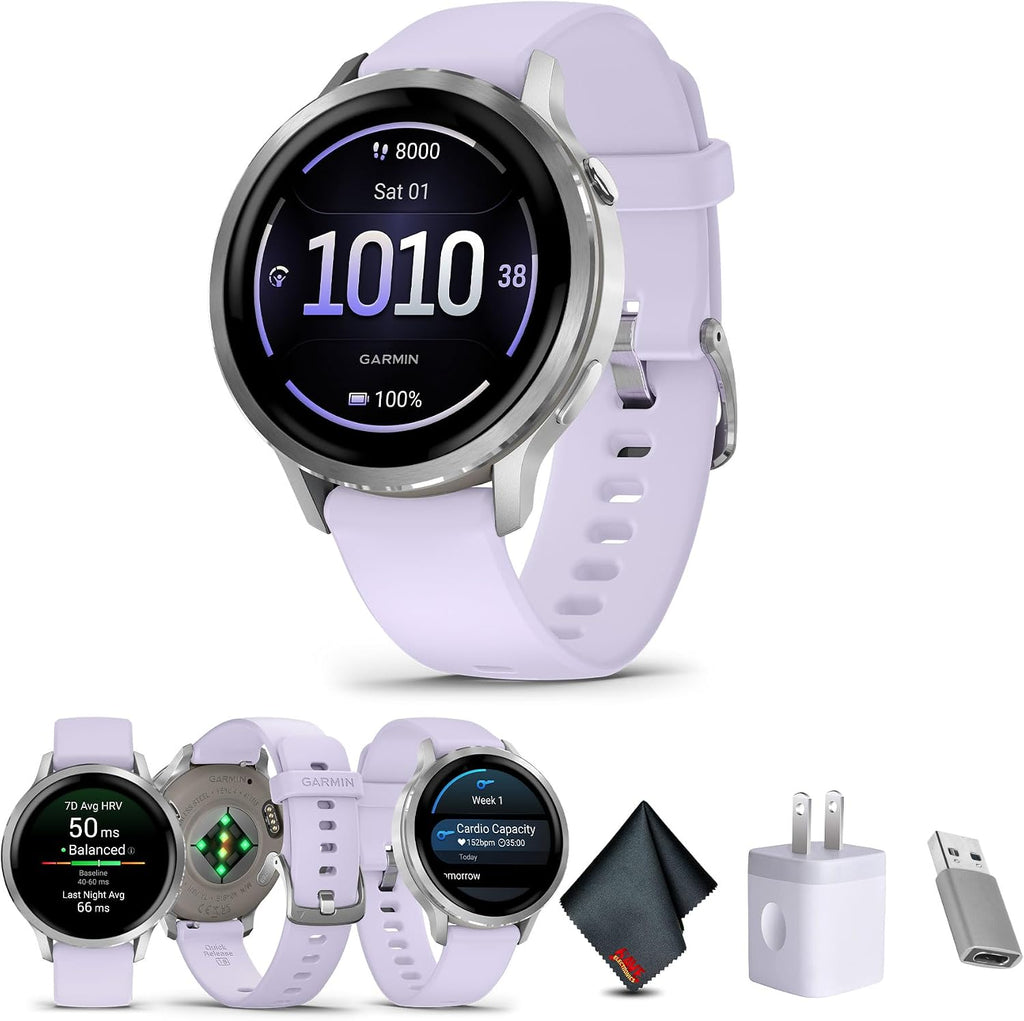 Garmin Venu 4, 41mm, Advanced Fitness Tracker GPS Smartwatch, 1.2' AMOLED Display, Built-in Flashlight, 10 Days of Battery Life, Silver with Periwinkle Silicone Band (Watch Bundle)