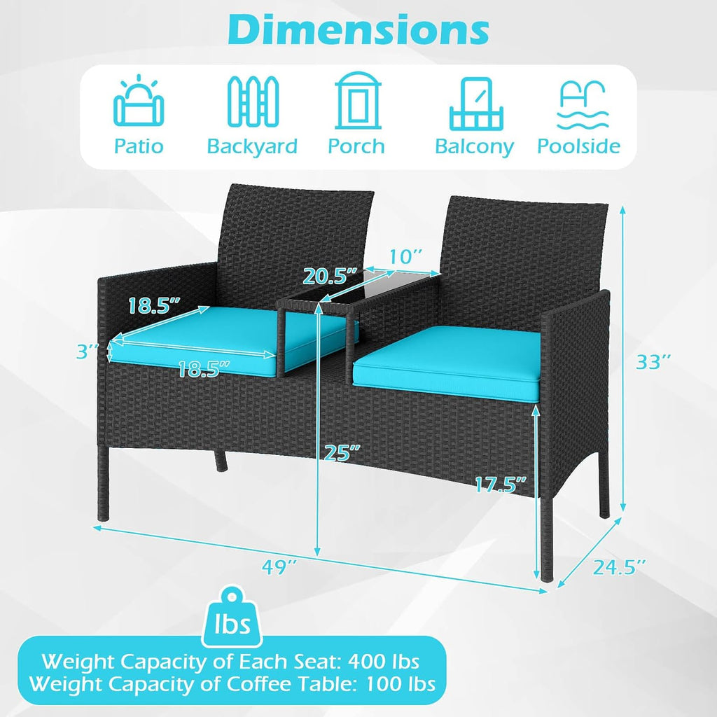 Tangkula Patio Loveseat with Built-in Table, Wicker 2-Seat Furniture with Soft Cushions & Tempered Glass Tabletop, Metal Frame Outdoor Conversation Seating Bench for Backyard, Porch