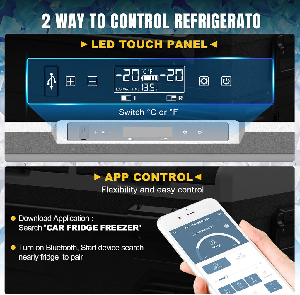 YELLOW JACKET Car Refrigerator 76 Quart Portable Freezer Cooler with Wheels Dual Zone Independent Control 12Volt Car Fridge for Outdoor Camping Travel,12/24V DC 110~240 V AC Refrigerator for Home,RV