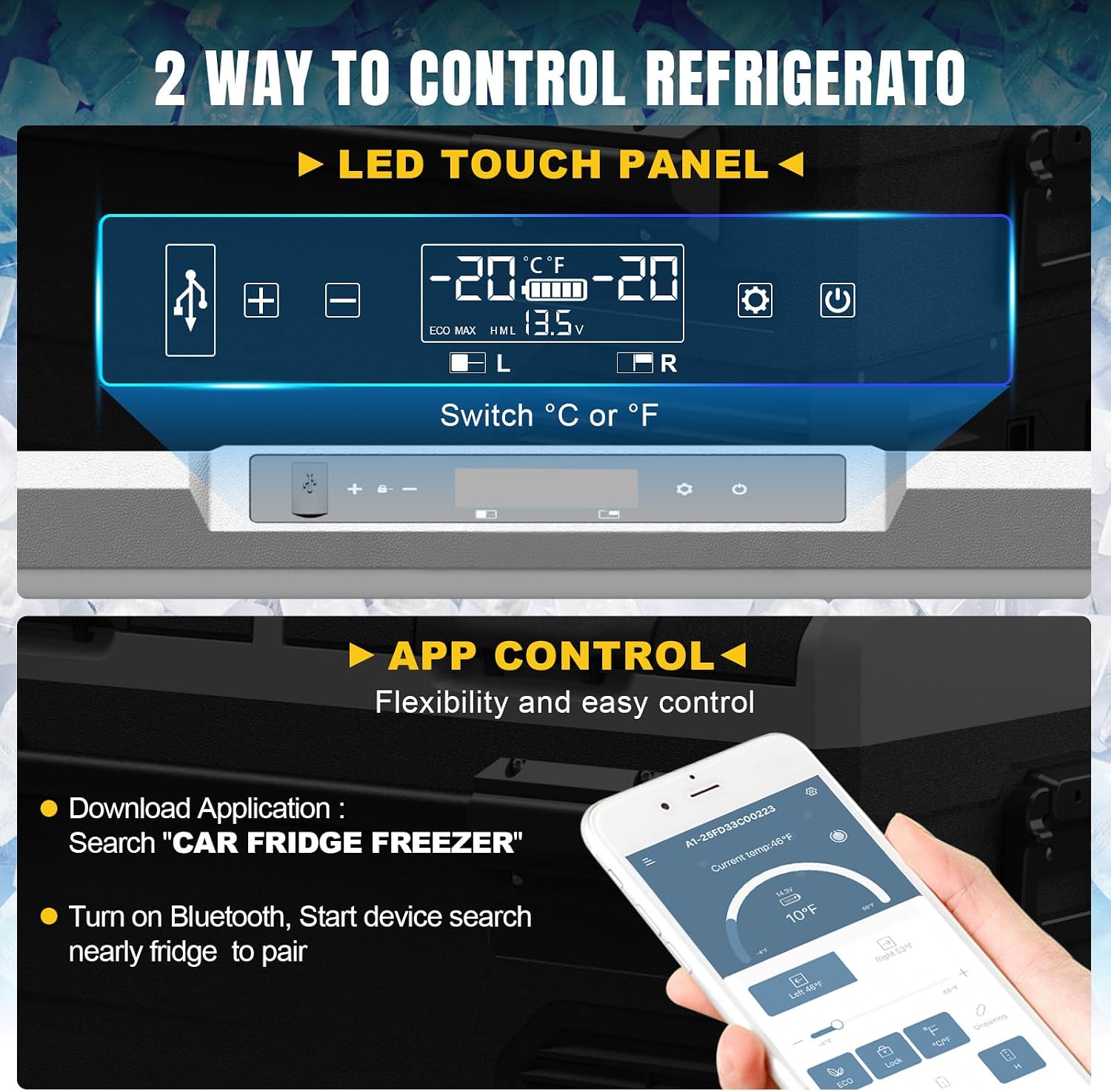 YELLOW JACKET Car Refrigerator 76 Quart Portable Freezer Cooler with Wheels Dual Zone Independent Control 12Volt Car Fridge for Outdoor Camping Travel,12/24V DC 110~240 V AC Refrigerator for Home,RV