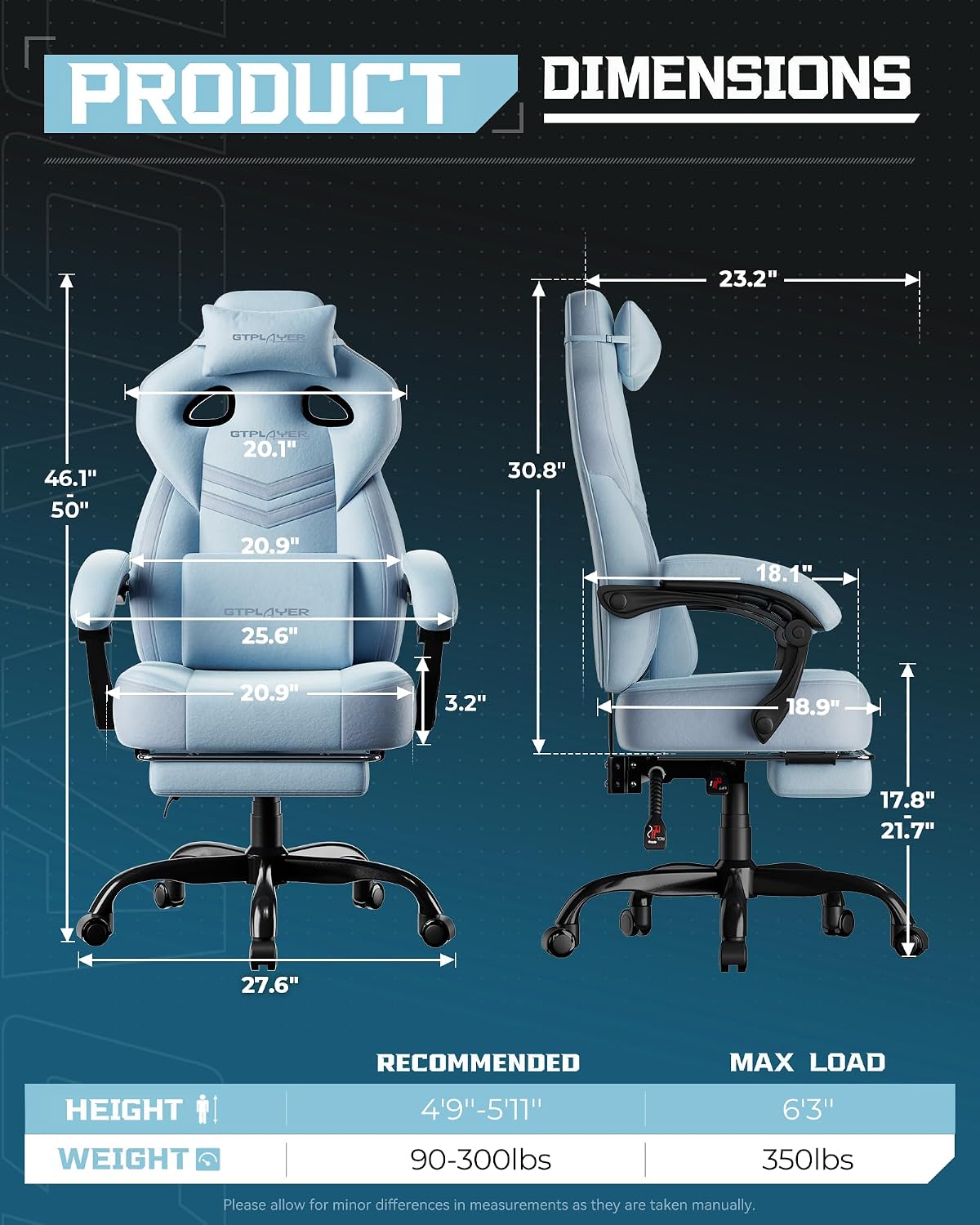 GTPLAYER Gaming Chairs for Adult - Ergonomic Big & Tall Gaming Seat with Footrest & Lumbar Support, Comfortable Office Chair 90-155° Reclining - Heavy Duty Wide Computer Seat, Blue