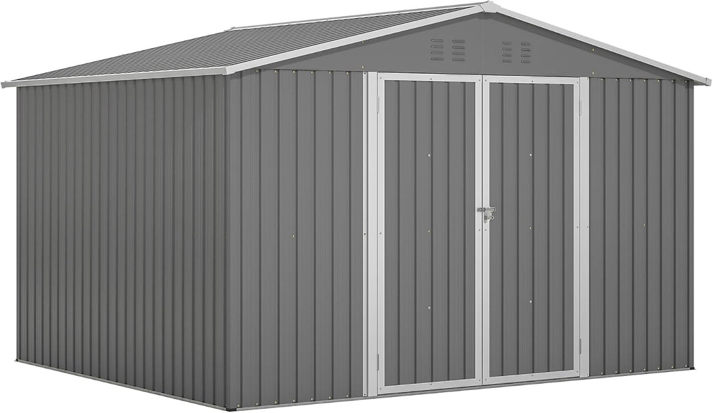 8x10 FT Outdoor Storage Shed, Metal Garden Shed with Frame Floor, Outside Tool Shed with Lockable Hinged Doors, Waterproof Storage Building with Sloped Roof for Backyard, Patio, Lawn, Gray