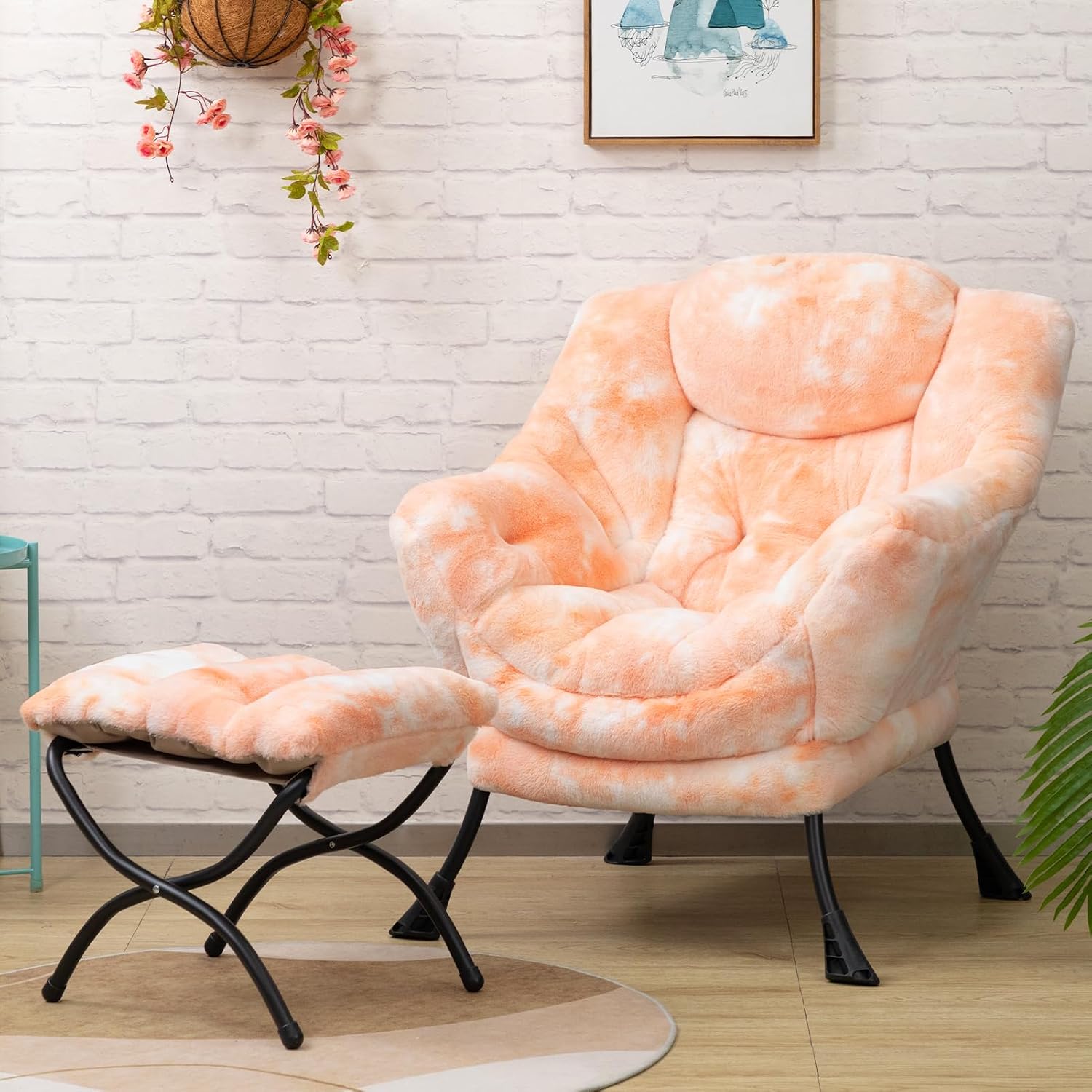 HollyHOME Lazy Chair with Foldable Ottoman, Accent Comfy Lounge Armchair and Folding Footrest Stool, Leisure Sofa Reading Chair and Footstool for Living Room, Bedroom, Dorm,Faux Fur Peach