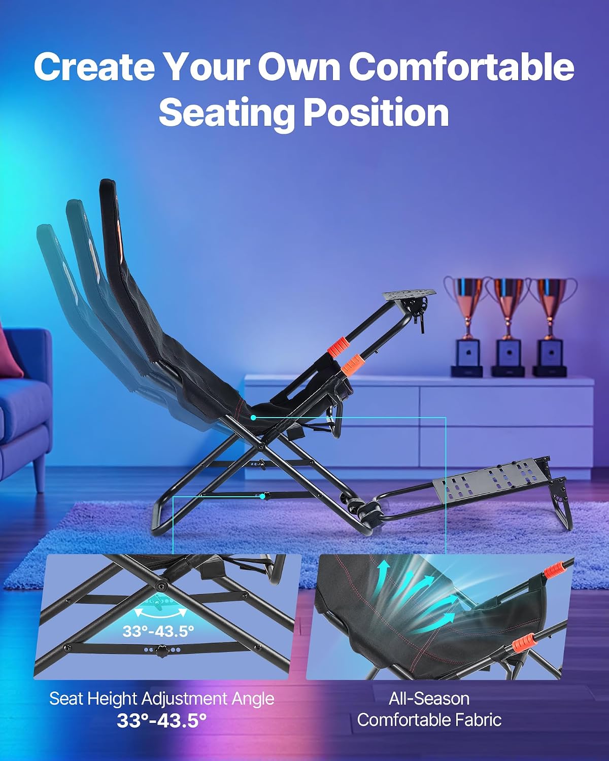 VEVOR Portable Racing Wheel Stand, Foldable & Adjustable Steering Sim Wheel Stand, 18.5 in Seat Inner Width, Compatible with Logitech G923/G920/G29, Thrustmaster T248P, Fanatec, Hori, Mad Catz, Black