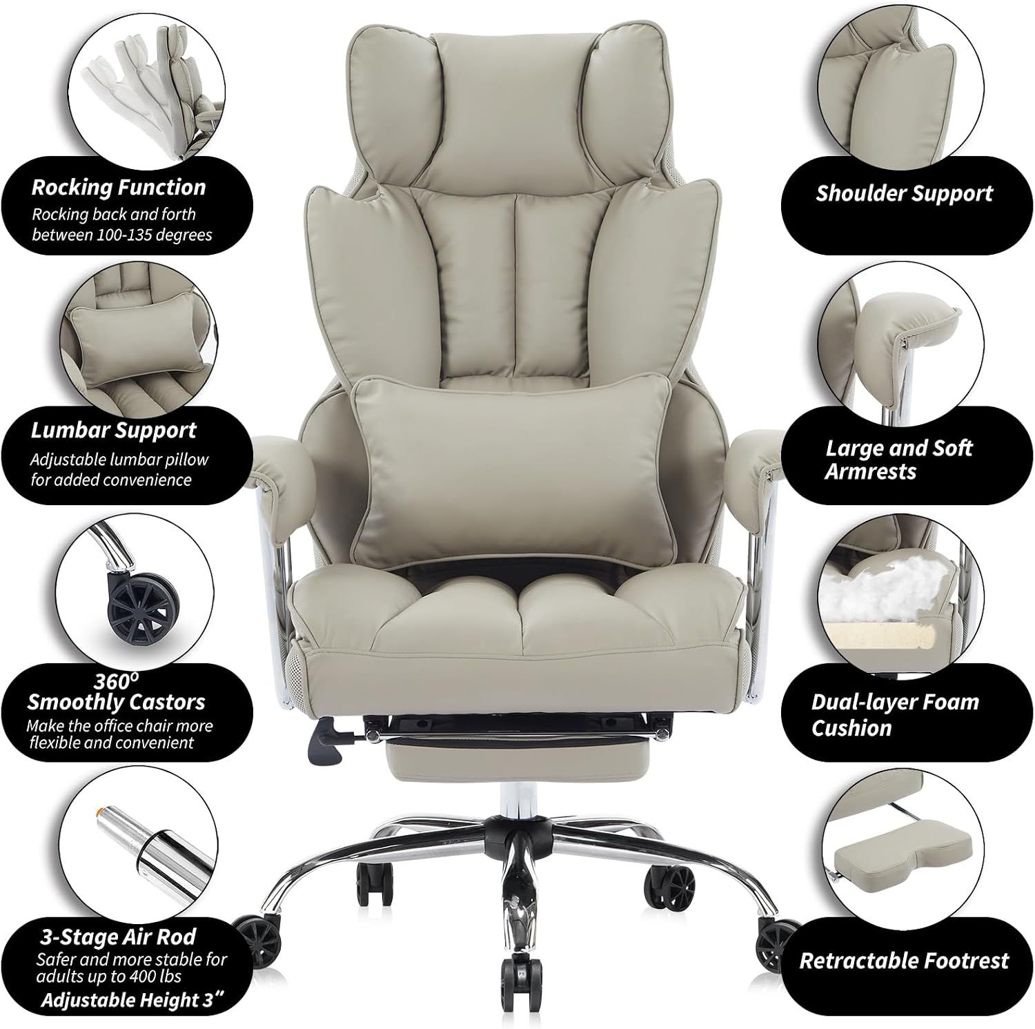 Efomao Big and Tall Office Chair 400lbs – High Back Executive Chair with Swivel Base, PU Leather Upholstery, Lumbar Pillow, Padded Armrests, and Rolling Wheels，Grey Computer Chair