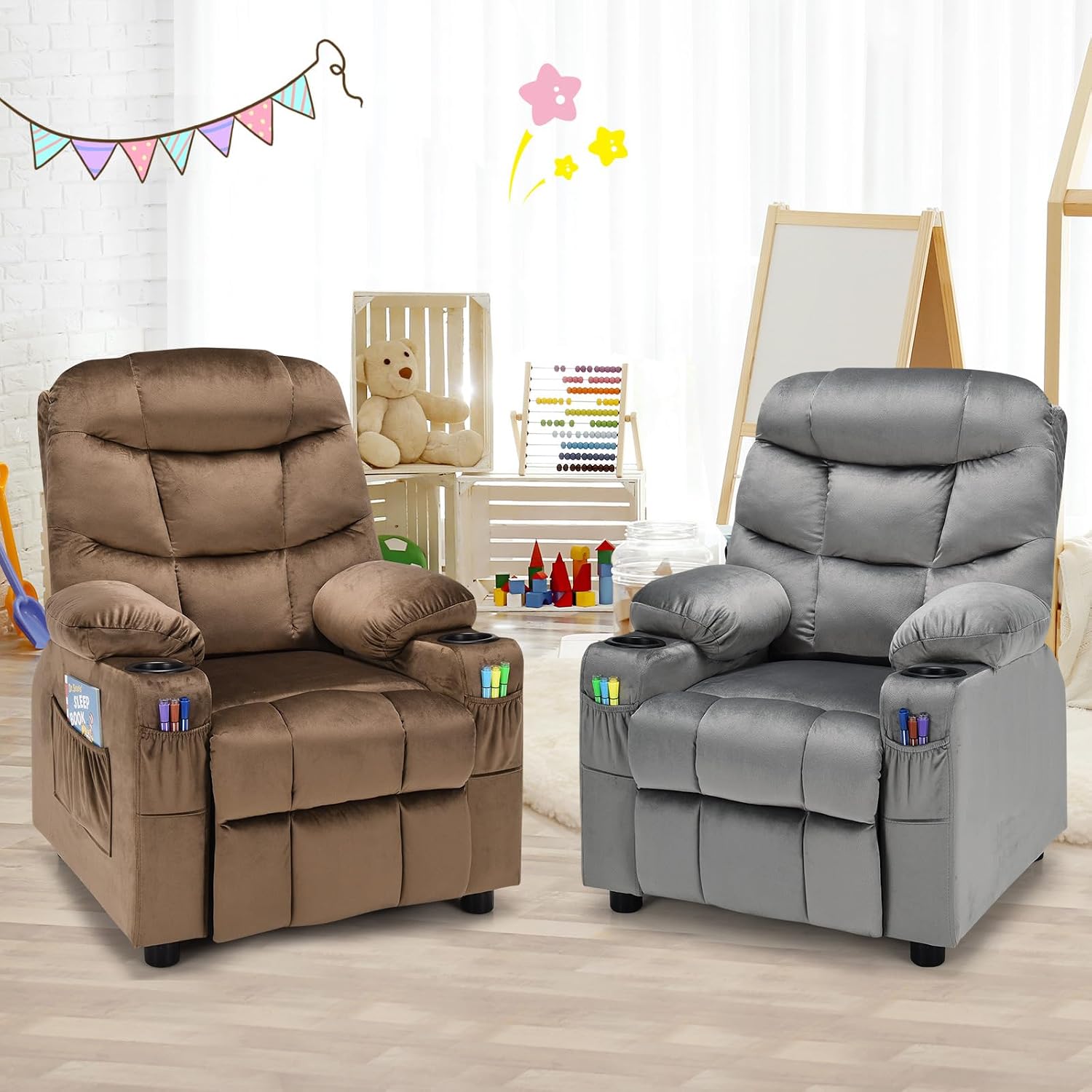 MAT EXPERT Kids Recliner, Velvet Adjustable Reading Chair w/ 2 Cup Holder, 3 Side Pocket Storage & Footrest, Kids Couch Gaming Chair, Toddler Lounge Chair for Boys Girls, Kids Room Playroom (Coffee)