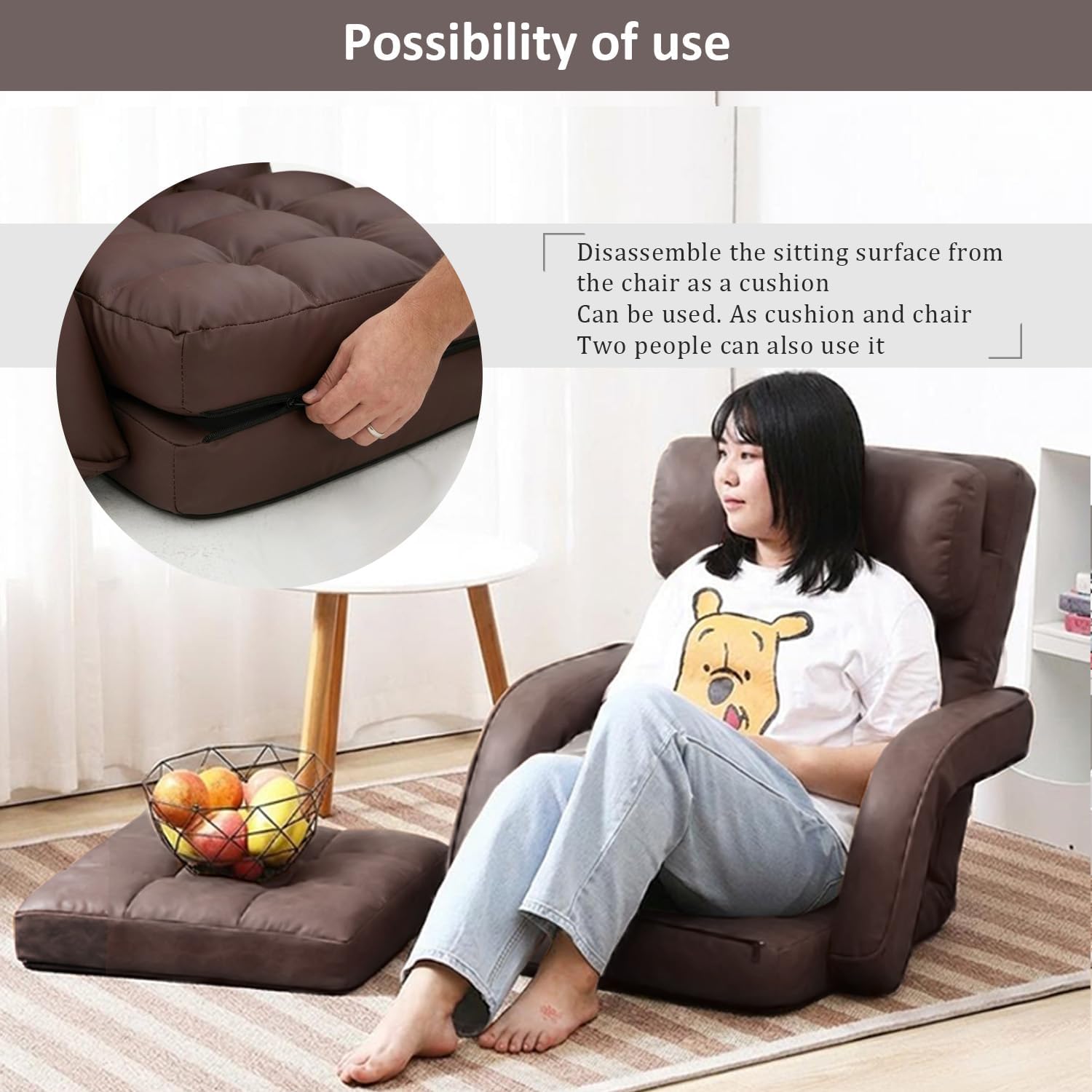 Floor Chair, Floor Gaming Chair with 14 Adjustable Position&Back Support, Folding Lounge Chair with Armrest for Adults, Lazy Sofa Lounger with Comfy Cushion for Living Room,Bedroom,PU,Coffee