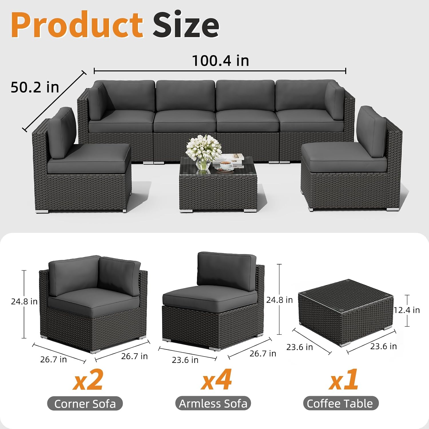 Oakcloud 7-Piece Outdoor Black Rattan Wicker Sectional Conversation Sets Patio Furniture Sofa Set with Cushions and Glass Top Table(Grey)