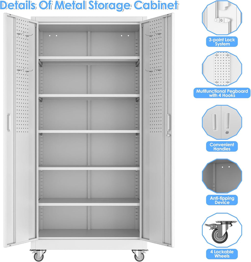 71' Tall Rolling Metal Storage Cabinet with Locking Doors, White Heavy Duty Tool Cabinet with Wheels, 5 Adjustable Shelves & Pegboards for, Workshop, Garage, Warehouse, Assembly Required