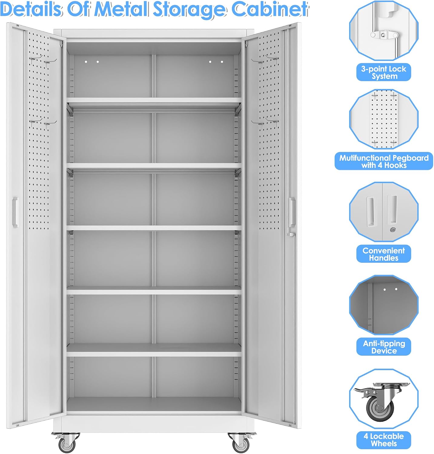 71' Tall Rolling Metal Storage Cabinet with Locking Doors, White Heavy Duty Tool Cabinet with Wheels, 5 Adjustable Shelves & Pegboards for, Workshop, Garage, Warehouse, Assembly Required