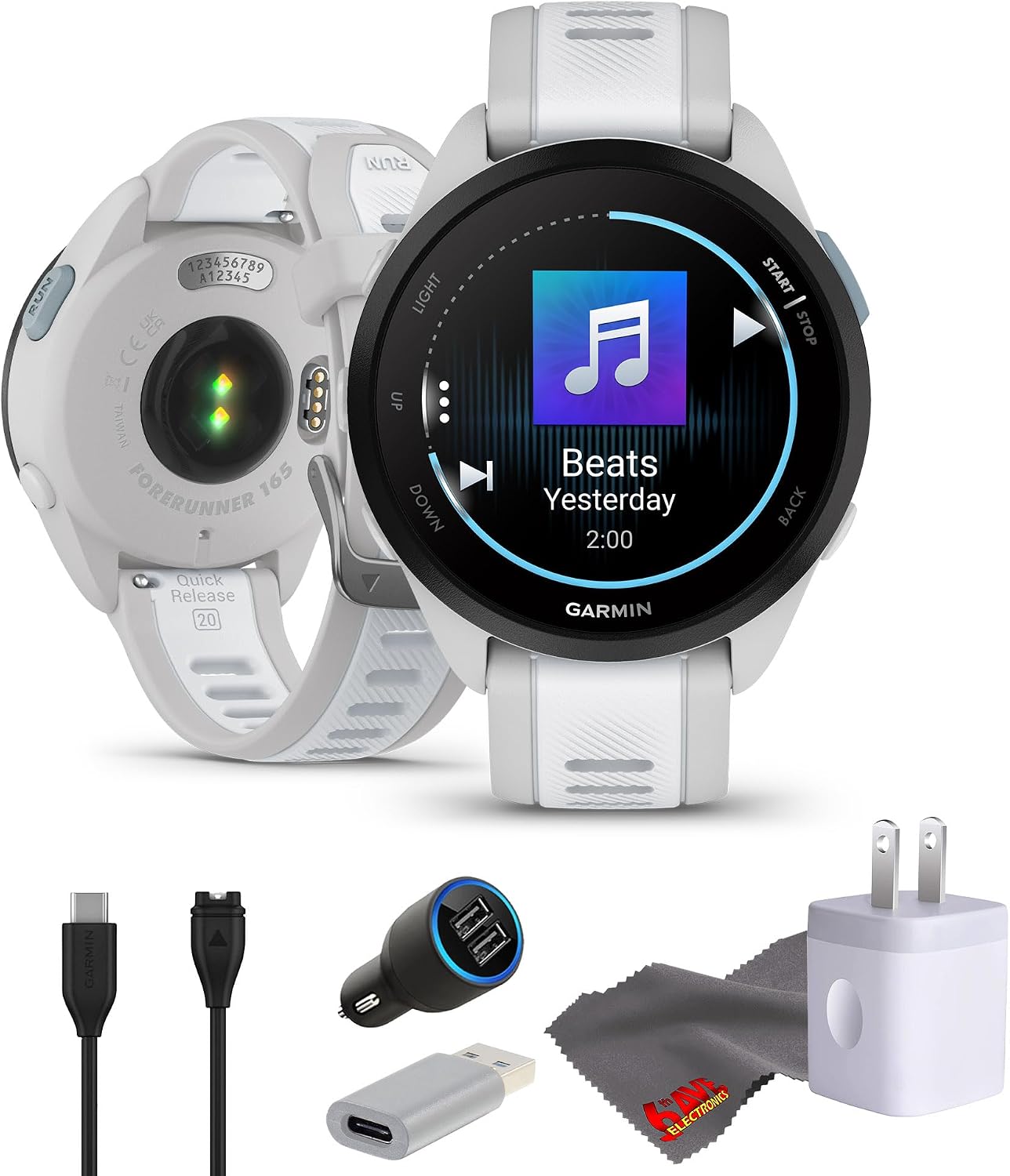Garmin Forerunner 165 Music GPS Running Smartwatch, Fitness Tracker Smart Watch for Men and Women Bundle with Accessories - Mist Gray/Whitestone