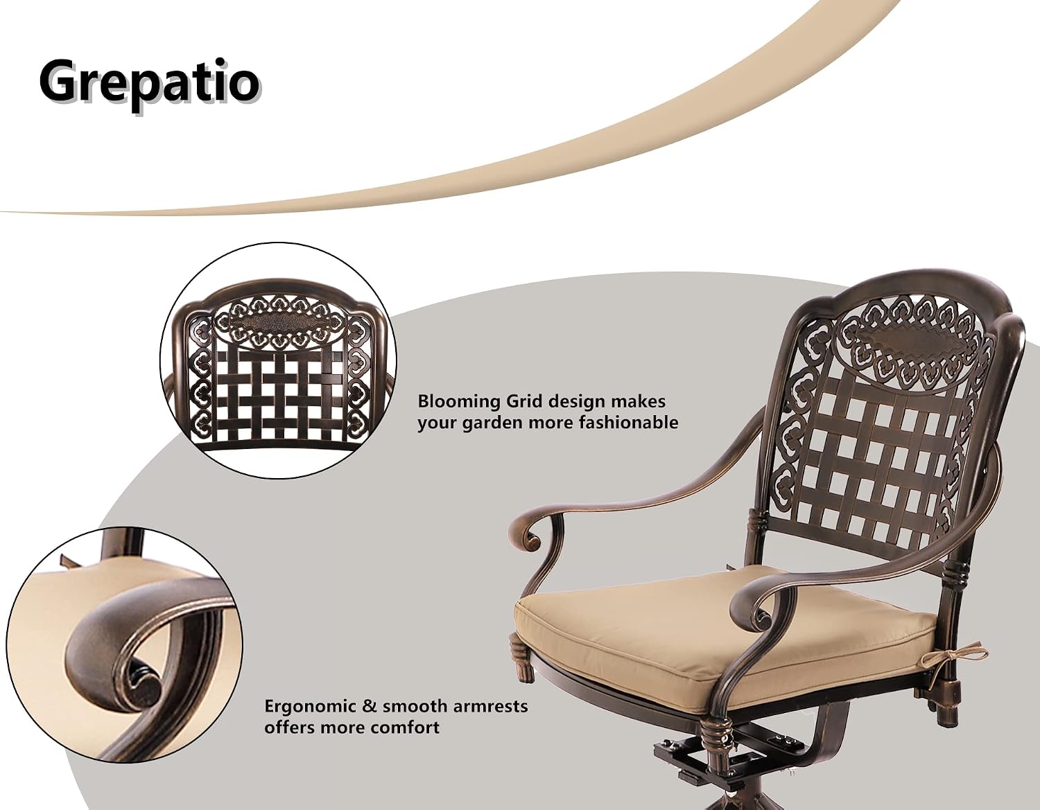 Grepatio 5 Piece Outdoor Dining Set Cast Aluminum Patio Table and Chairs Outside Furniture 4 Mesh Swivel Chairs with Khaki Cushion and 1 Umbrella Hole Round Dining Table for Lawn Garden (Grid Khaki)