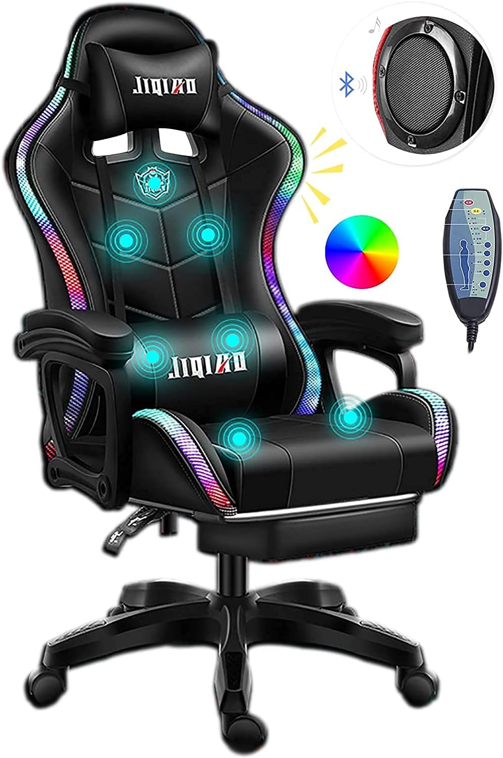 Gaming Chair with Bluetooth Speakers, Video Game Chairs Gaming Lights- Ergonomic Massage Gaming Chair Full Massage Lumbar Support Adjustment of Backrest Dual Gaming Chair…
