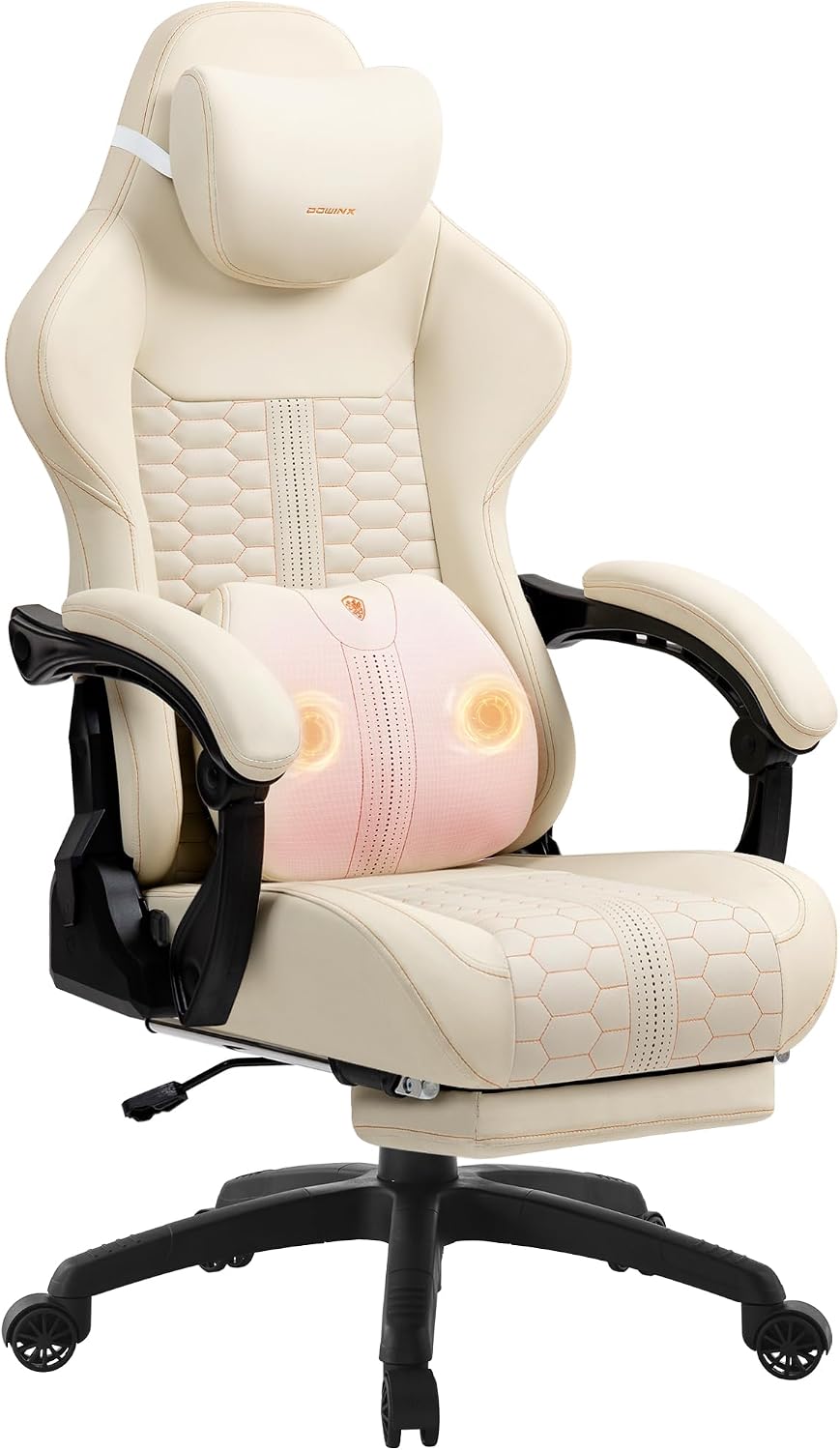 Dowinx Gaming Chair for Adults with Footrest, Reclining Gamer Chair with Massage Lumbar Support, Ergonomic Big and Tall Office Computer Chair 400LBS, High Back PU Leather Gaming Computer Chair,Ivory