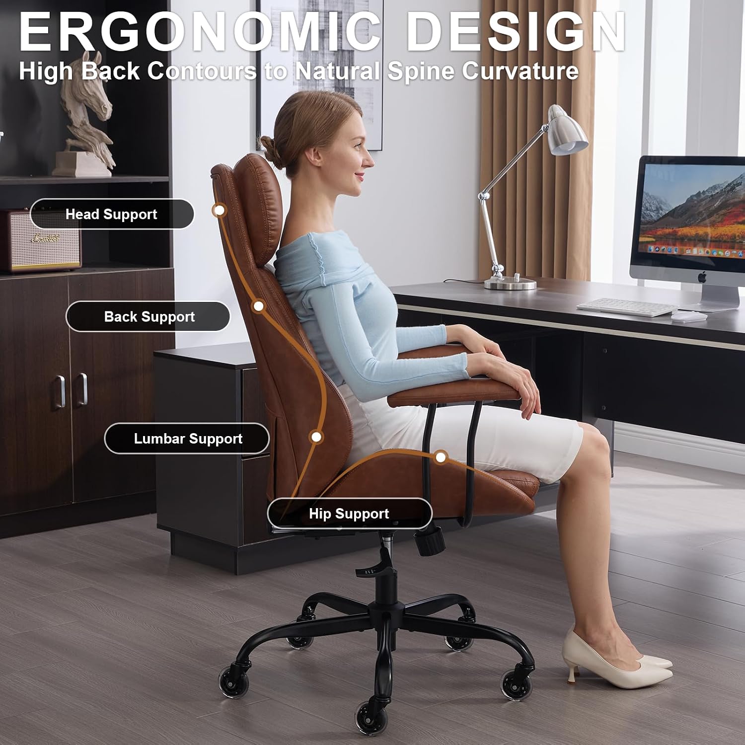 E-Motie Office Chair, Leather Desk Chair with Rubber Wheels, Ergonomic Computer Chair 500 LBS with Lumbar Support, High Back Executive Chair for Modern Home Office, Brown