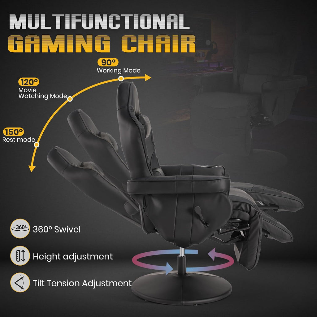Massage Gaming Recliner Chair with Cup Holder & Side Pockets – Ergonomic PU Leather Video Gaming Chair with Footrest, Manual Recline, Headrest & Lumbar Support for Office or Game Room (Black)