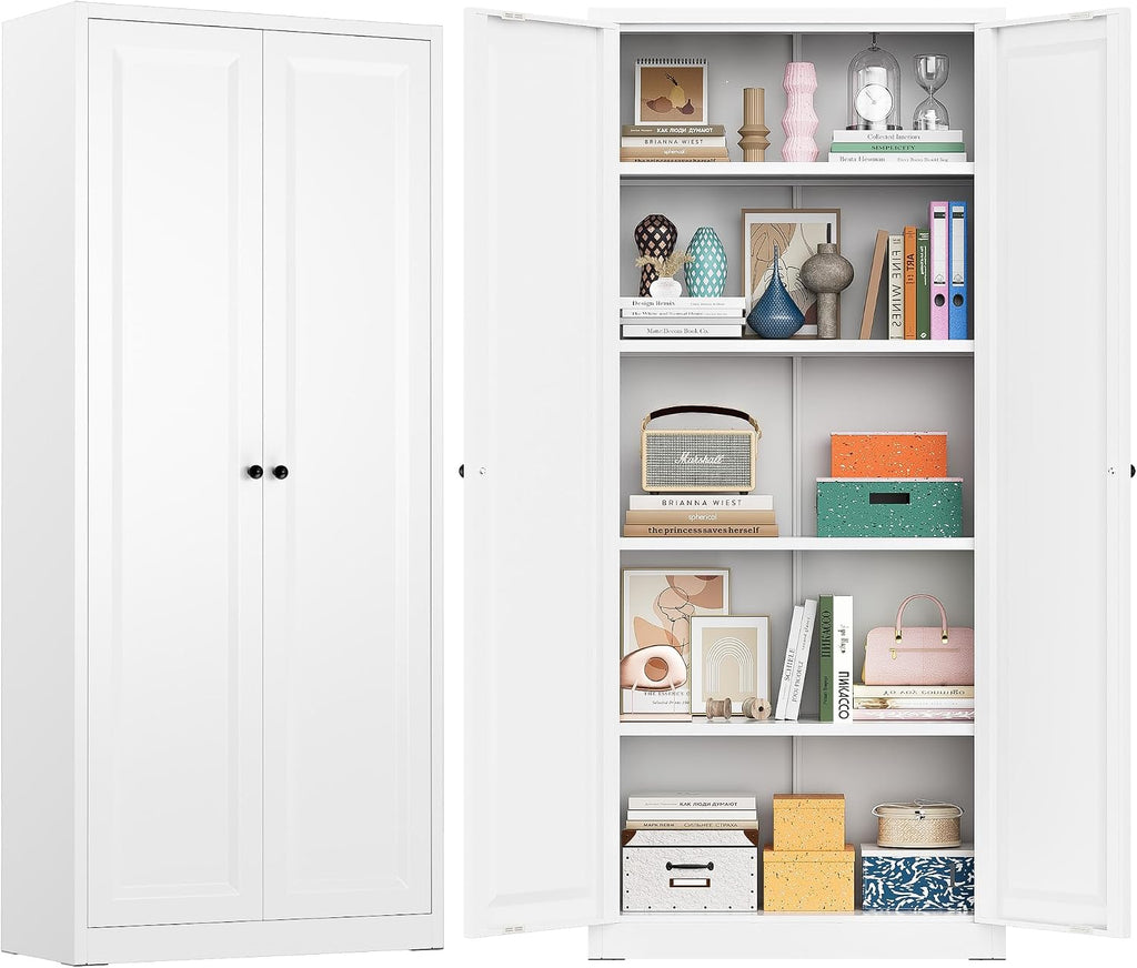 Greenvelly Metal Cabinet, 63' H White Metal Storage Cabinet with Doors and 4 Shelves, Pantry Storage Cabinet for Kitchen, Bedroom, Living Room, Office (Modern)