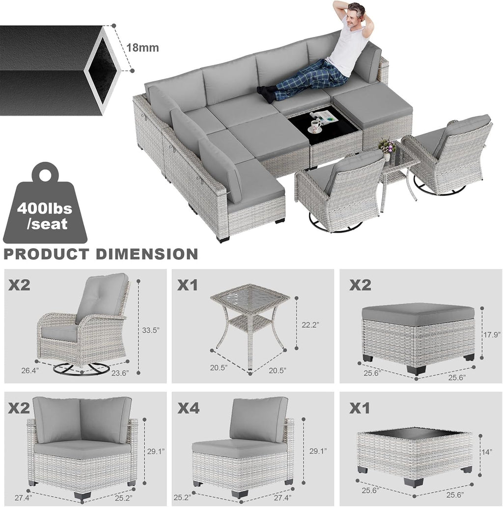 12-Piece Patio Furniture Set, Outdoor Patio Furniture with Swivel Chairs Set, Ottomans, Modular Patio Sofa, Dual-Strand Wicker Rattan, Rust-Resistant Frame, Grey