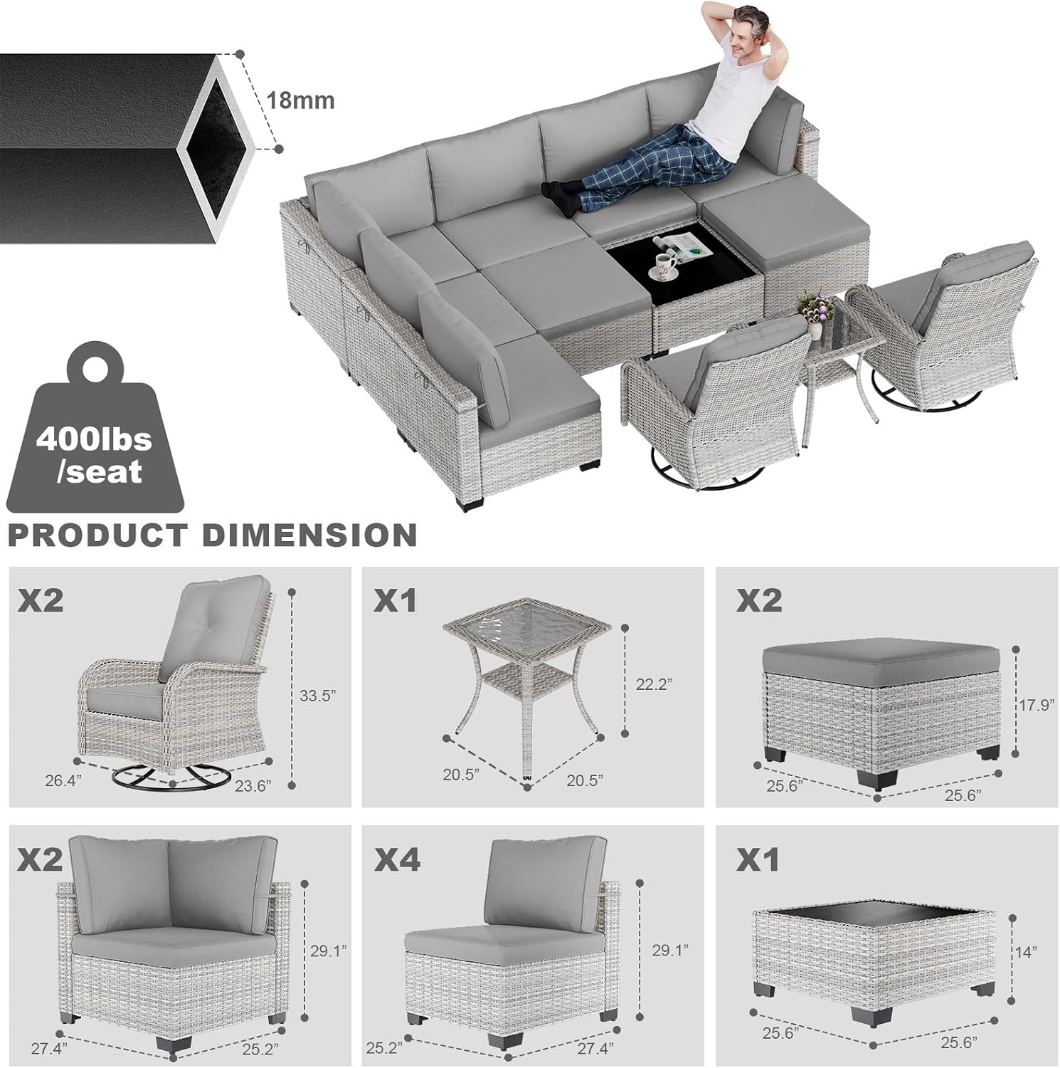 12-Piece Patio Furniture Set, Outdoor Patio Furniture with Swivel Chairs Set, Ottomans, Modular Patio Sofa, Dual-Strand Wicker Rattan, Rust-Resistant Frame, Grey