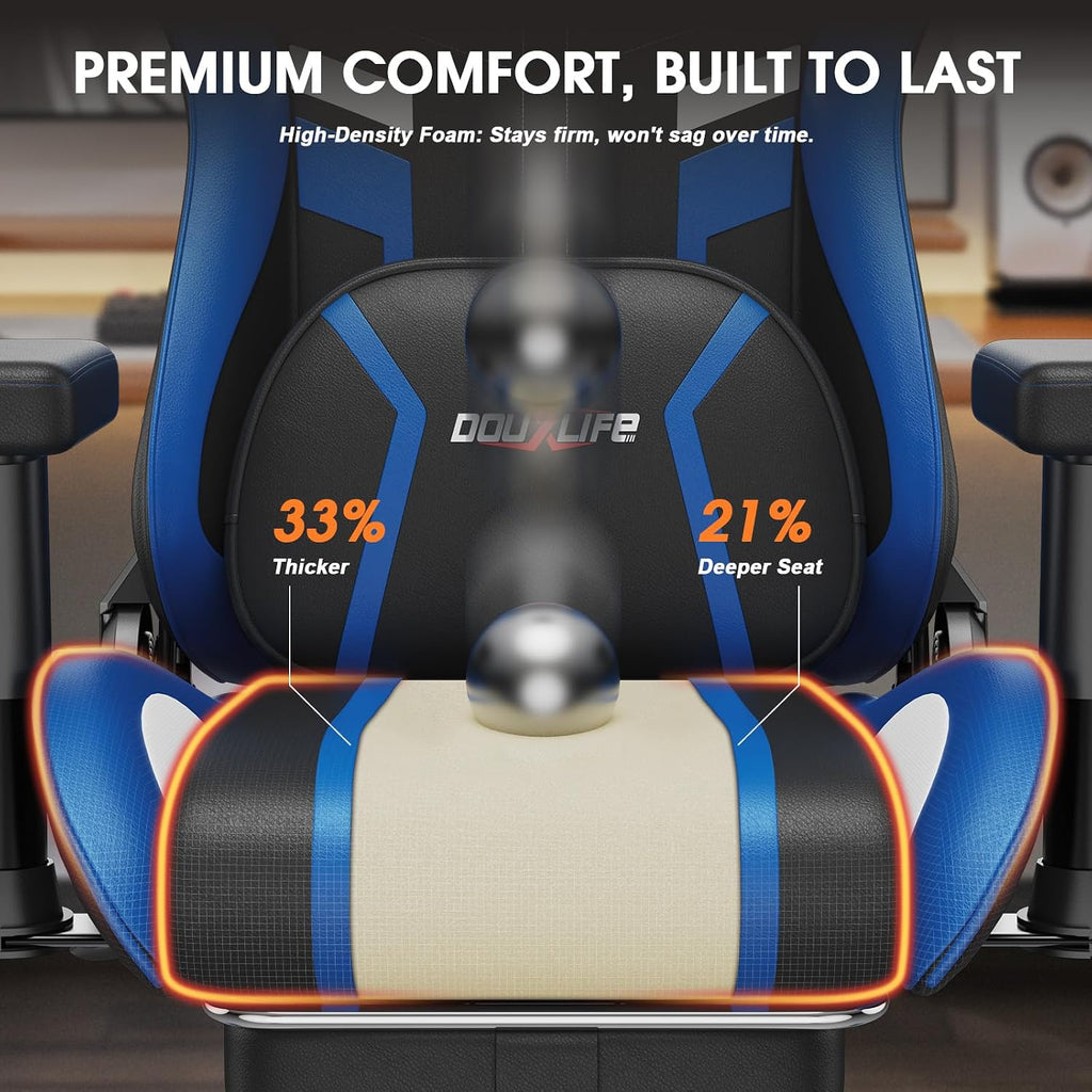Douxlife 3D Kneading Massage Gaming Chair with Footrest, 400lbs Heavy Duty PC Computer Desk Chair for Adults, Adjustable 2D Armrests, Ergonomic 175° Recline & Optional Heat, Black&Blue