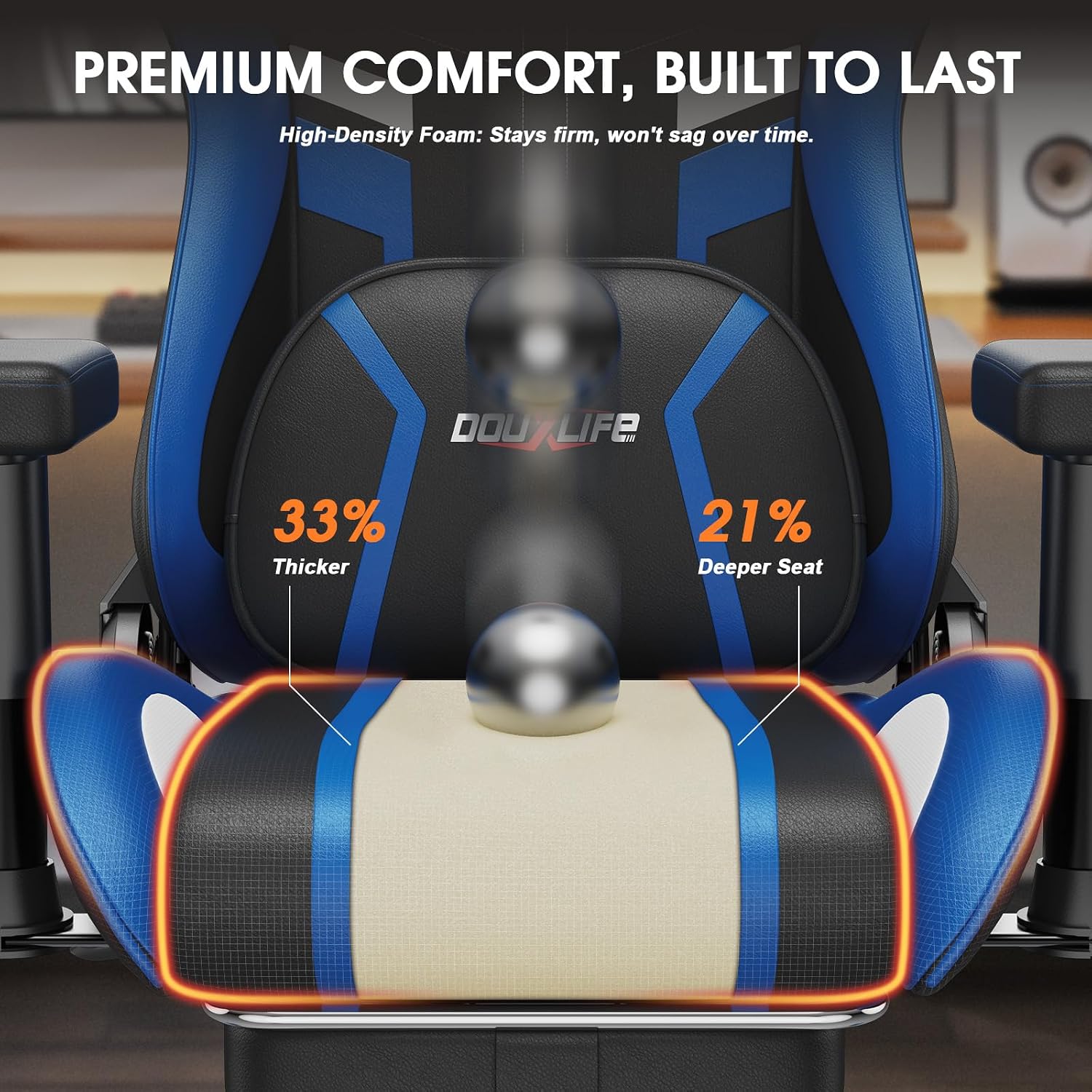Douxlife 3D Kneading Massage Gaming Chair with Footrest, 400lbs Heavy Duty PC Computer Desk Chair for Adults, Adjustable 2D Armrests, Ergonomic 175° Recline & Optional Heat, Black&Blue
