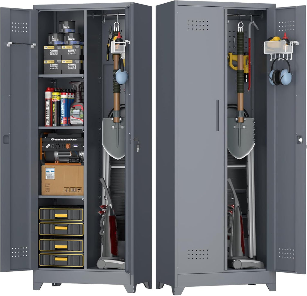 Broom Closet Storage Cabinet, Steel Locking Cabinet with Hanging Rod, 65' Cleaning Storage with Doors and Hooks, Tall Broom Tool Cabinets for Office, Garage