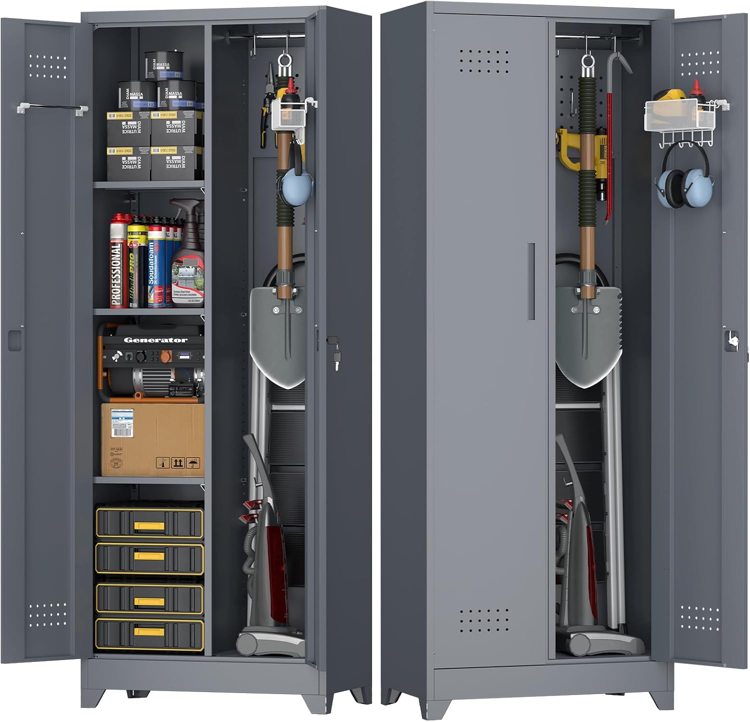 Broom Closet Storage Cabinet, Steel Locking Cabinet with Hanging Rod, 65' Cleaning Storage with Doors and Hooks, Tall Broom Tool Cabinets for Office, Garage