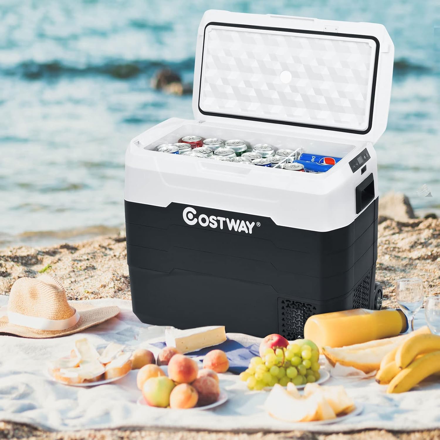 COSTWAY Car Refrigerator with Wheels, 42-Quart Dual-zone Electric Cooler with Telescopic Handle, 12V/24V DC, 100-240V AC, -4°F To 50°F, Portable Fridge Freezer for RV Camping Travel, White+Black