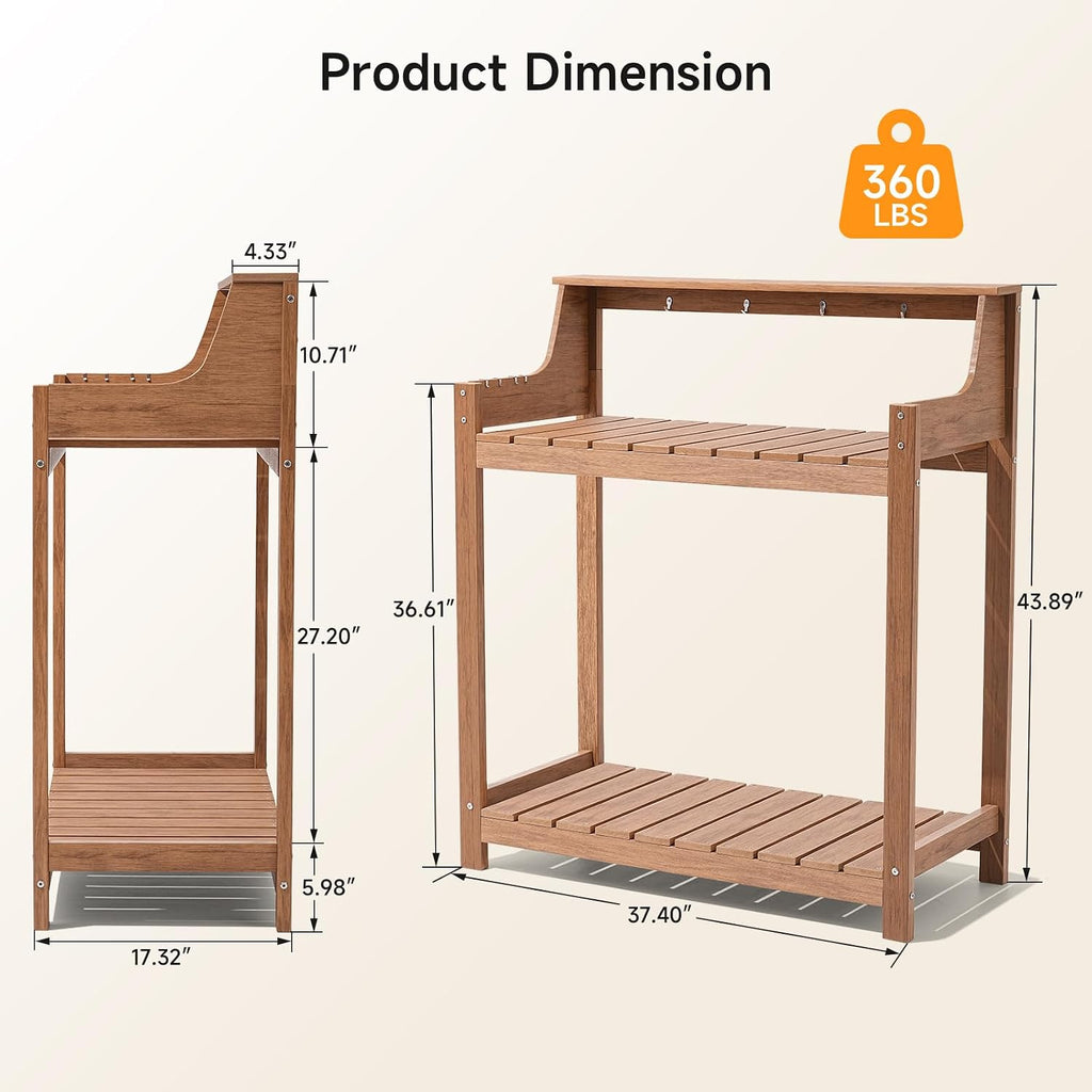 ONBRILL HDPS Potting Bench, All Weather Potting Table with 8 Hooks and Highten Tabletop, Easy Assembly Garden Work Bench, Outdoor Potting Benches for Outside Patio Lawn, 360LBS Capacity, Teak