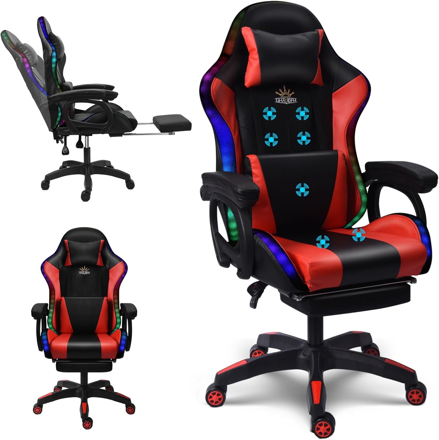 RGB Gaming Chair with Massage and Footrest Large Ergonomic Computer Desk Chair Video Gaming Chair with Speakers and Lumbar Support Height & Angles Adjustable Reclining Gamer Chair,Red
