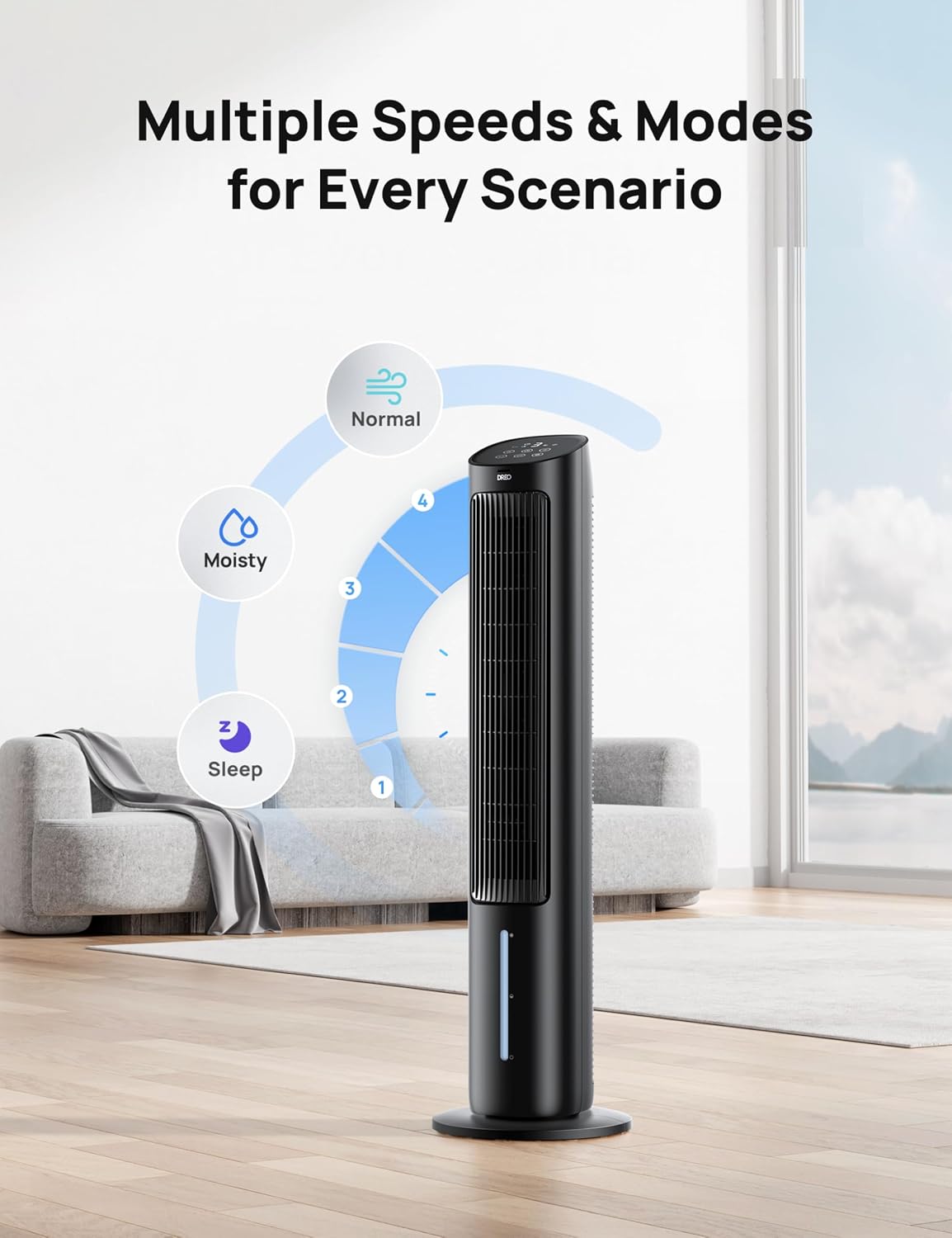 DREO Tower Fans That Blow Cold Air, 40' Evaporative Air Cooler, Cooling Fan for Bedroom with 80° Oscillating, Remote Control, 3 Modes 4-Speed Quiet Floor Fan, Black