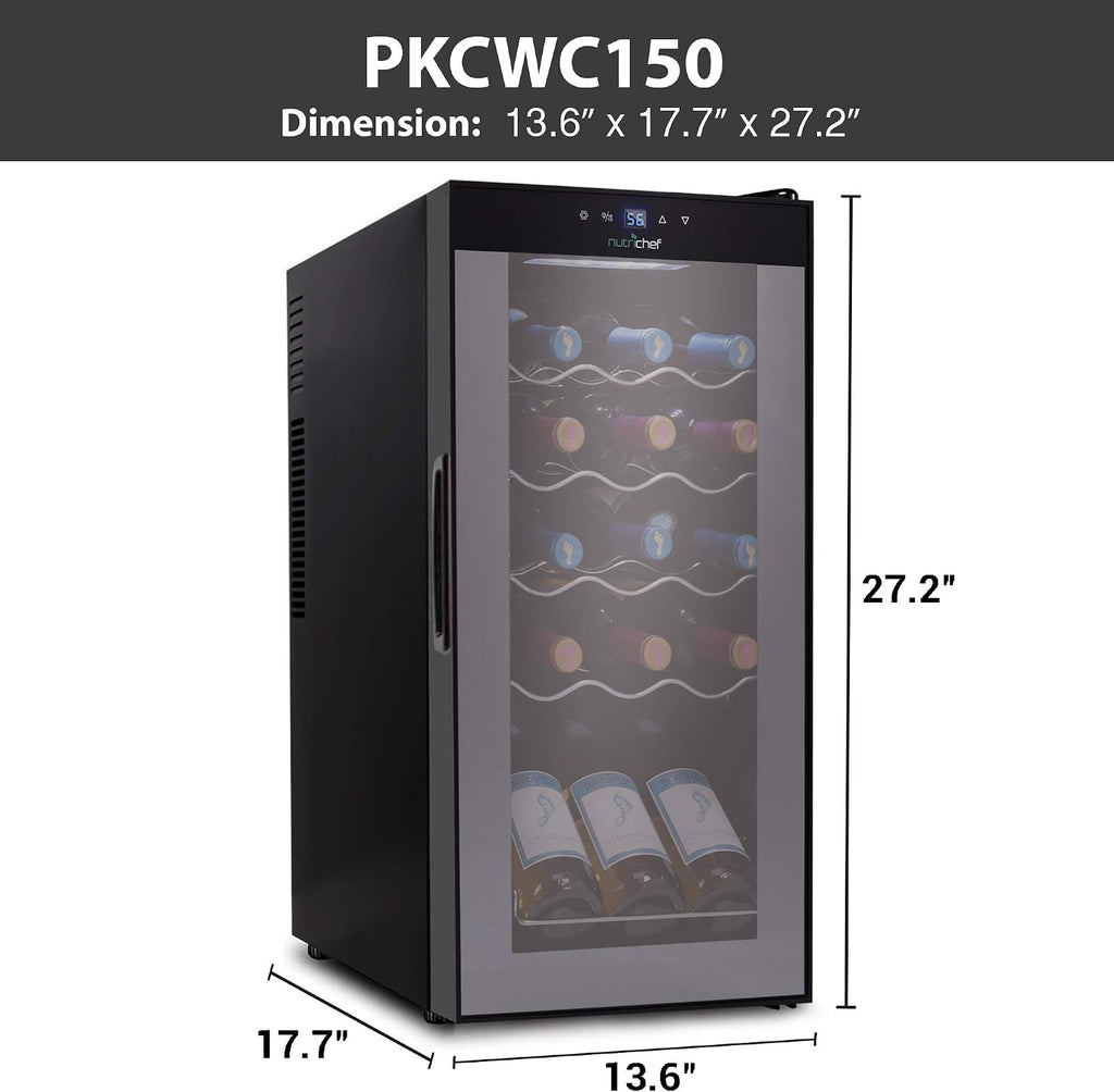 NutriChef Compressor Refrigerator White & Red Chiller Countertop Cooler-Freestanding Compact Mini Wine 15 Bottle Capacity, Digital, Glass Door, Black, Quiet Operation Fridge Touch Temperature Control