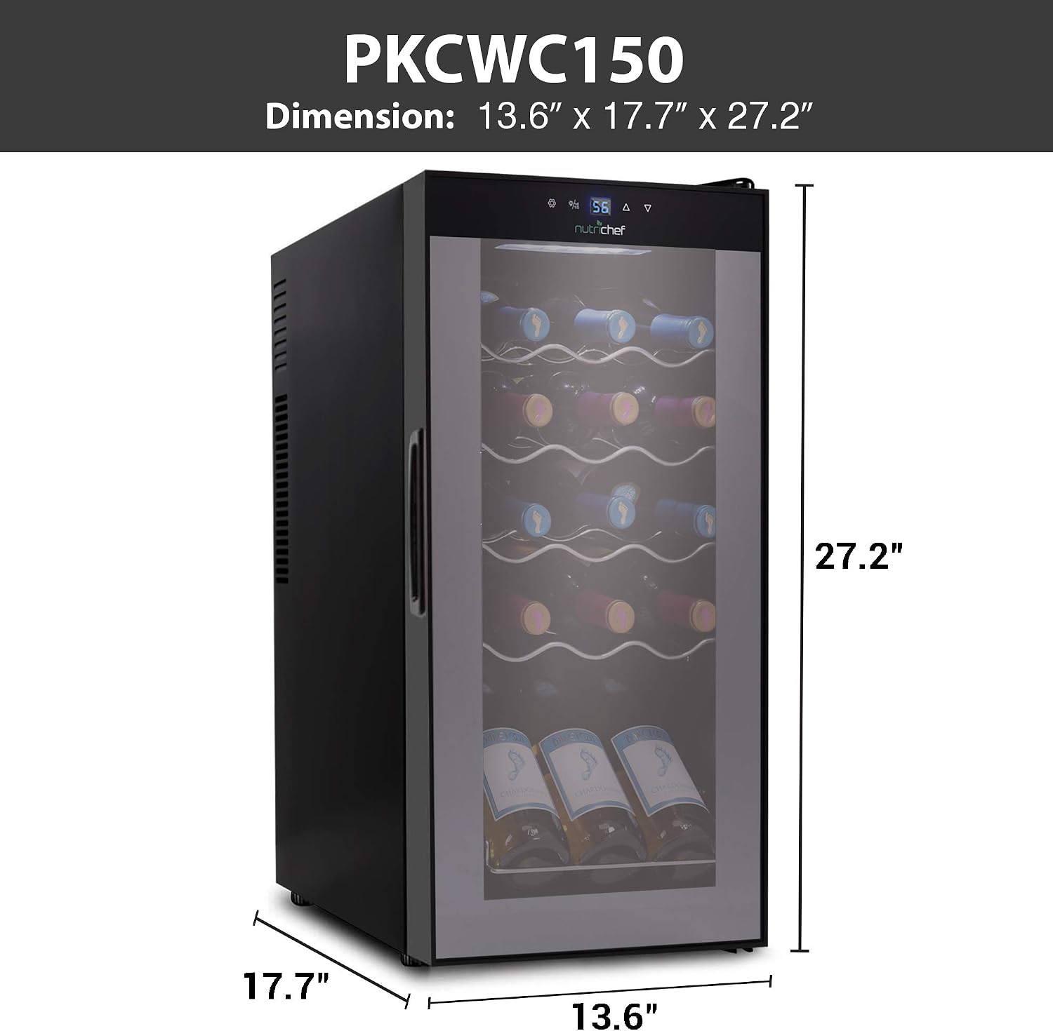 NutriChef Compressor Refrigerator White & Red Chiller Countertop Cooler-Freestanding Compact Mini Wine 15 Bottle Capacity, Digital, Glass Door, Black, Quiet Operation Fridge Touch Temperature Control