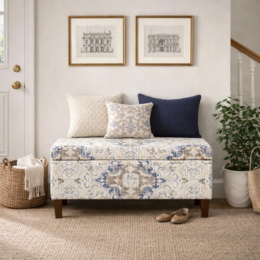 HomePop Ottomon Upholstered Rectangular Storage Ottoman Bench with Hinged Lid, Antiqued Medallion Print Ebony and Cream