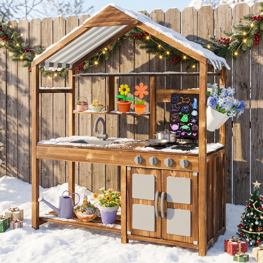 Costzon Mud Kitchen for Kids Outdoor, Wooden Pretend Play Kitchen w/Canopy, Chalkboard, Stove, Removable Sink, Cooking Accessories & Storage, Montessori Toy for Preschool, Backyard, Garden (3+ Years)