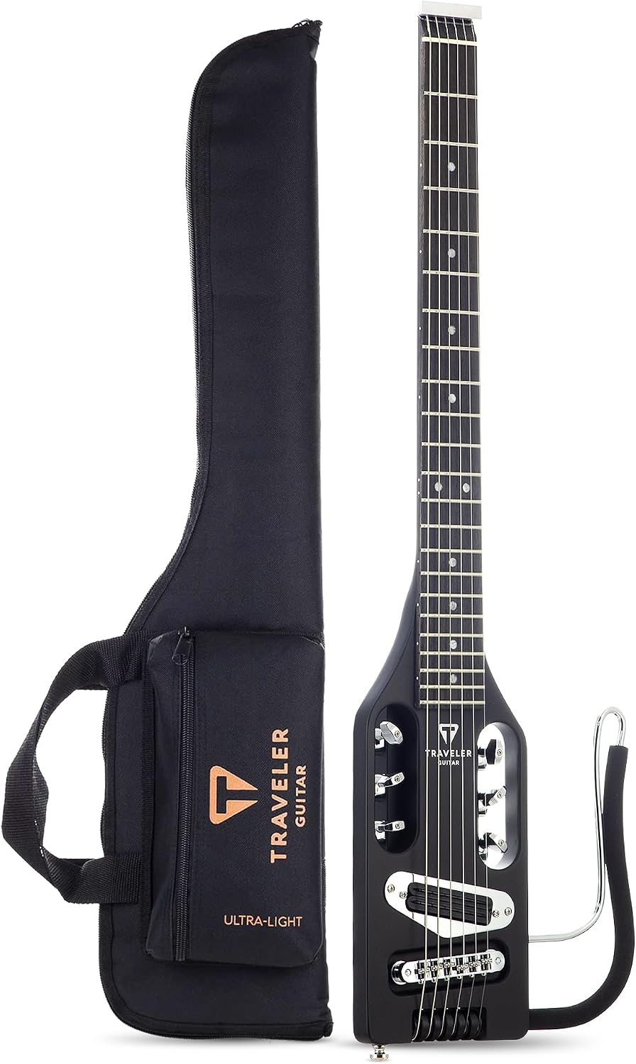 Traveler Guitar Ultra-Light Electric Guitar Matte Black | Portable Electric with Removable Lap Rest | Full 24 3/4' Scale Headless Guitar | Custom Gig Bag Included