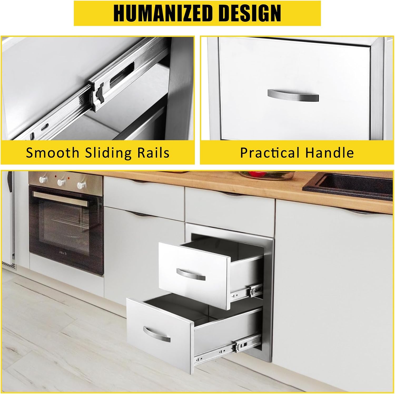 14W x 23D x 15H Inch Outdoor Kitchen Drawers Stainless Steel, Flush Mount Double Drawers with Stainless Steel Handle, Venting Panel Weatherproof for Kitchen Island Patio, Grill Station