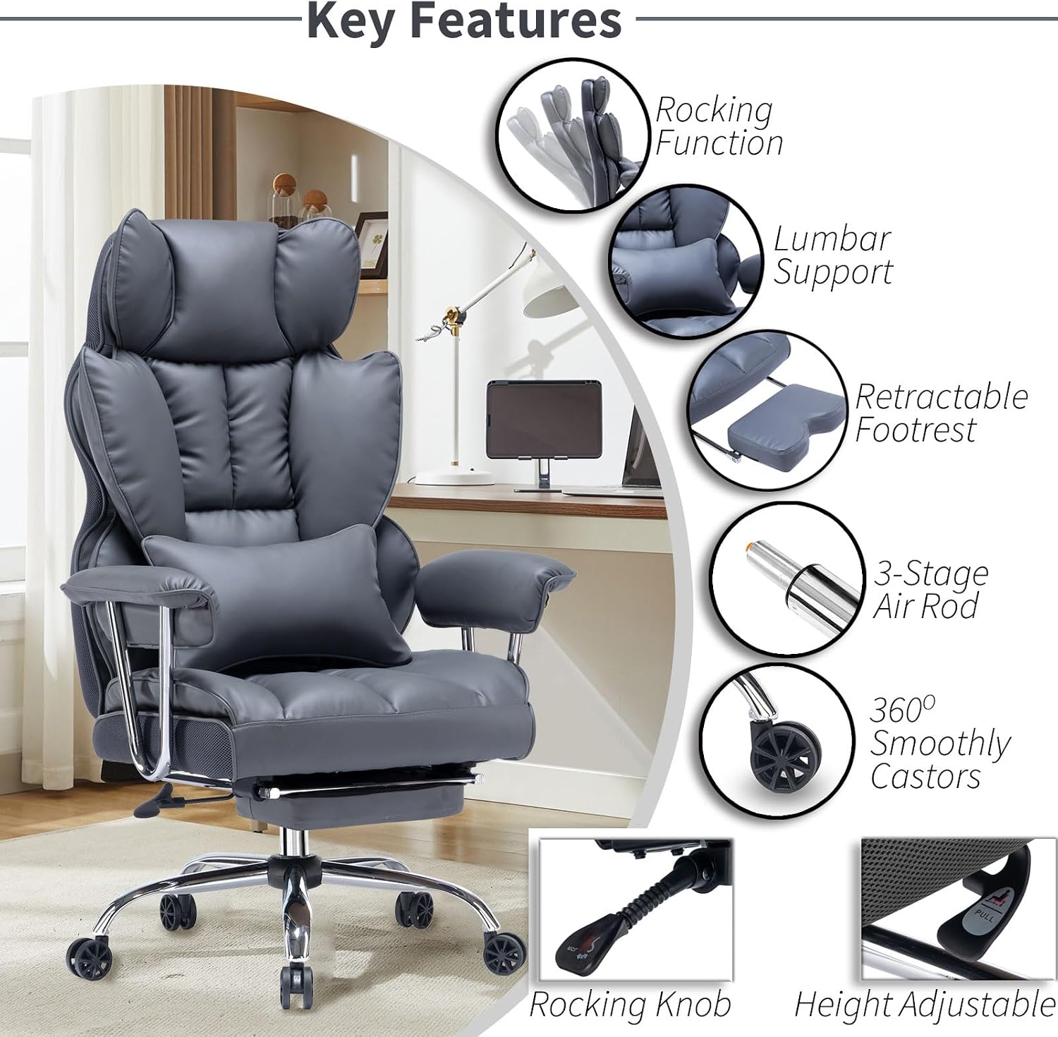 Efomao Big and Tall Office Chair 400lbs – PU Leather Executive Office Chair with Lumbar Support & Leg Rest, Heavy-Duty Computer Chair for Home Office, Dark Grey