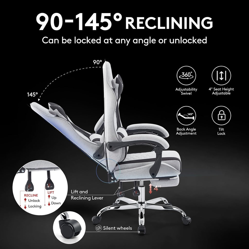Gaming Chair Breathable Fabric,Computer Office Chair with Footrest,Massage Lumbar Support and Gel Pad,Ergonomic Reclining Adjustable Gamer Chair with Headrest and Spring Cushion Grey Black