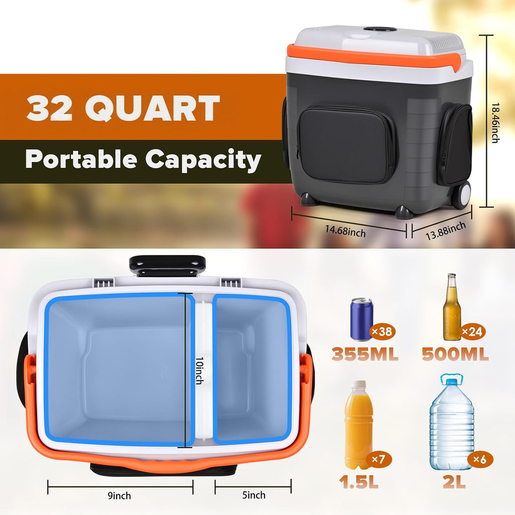Kikihouse Electric Car Cooler & Warmer with Wheels & Handle, 32 Quart (30 L) 12 Volt DC & 110V AC Portable Thermoelectric Fridge Plug in Cooler for Car/Camping/Travel/Truck/Picnic